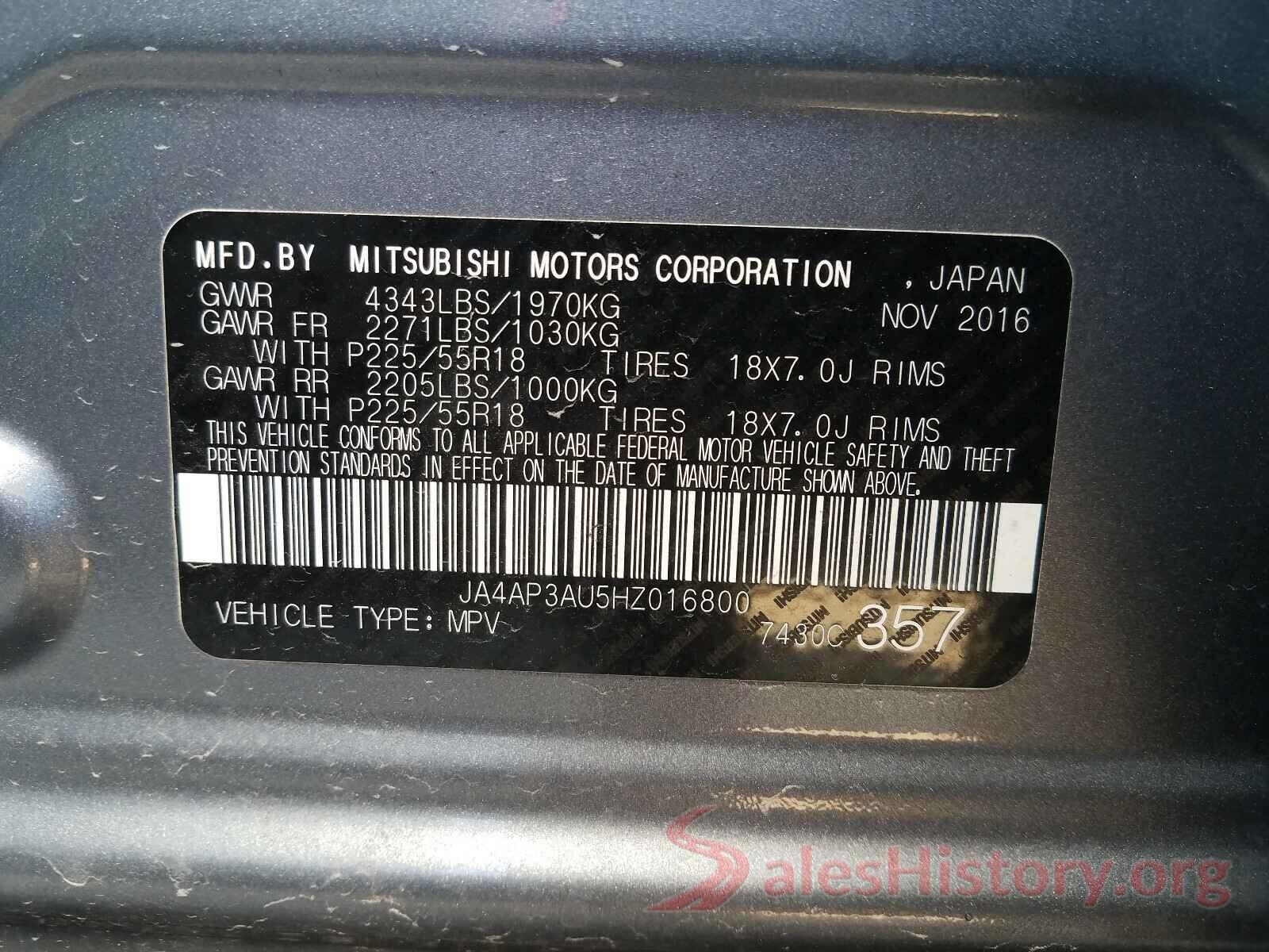 JA4AP3AU5HZ016800 2017 MITSUBISHI OUTLANDER