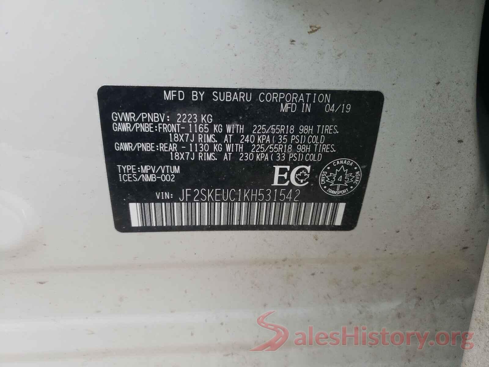 JF2SKEUC1KH531542 2019 SUBARU FORESTER