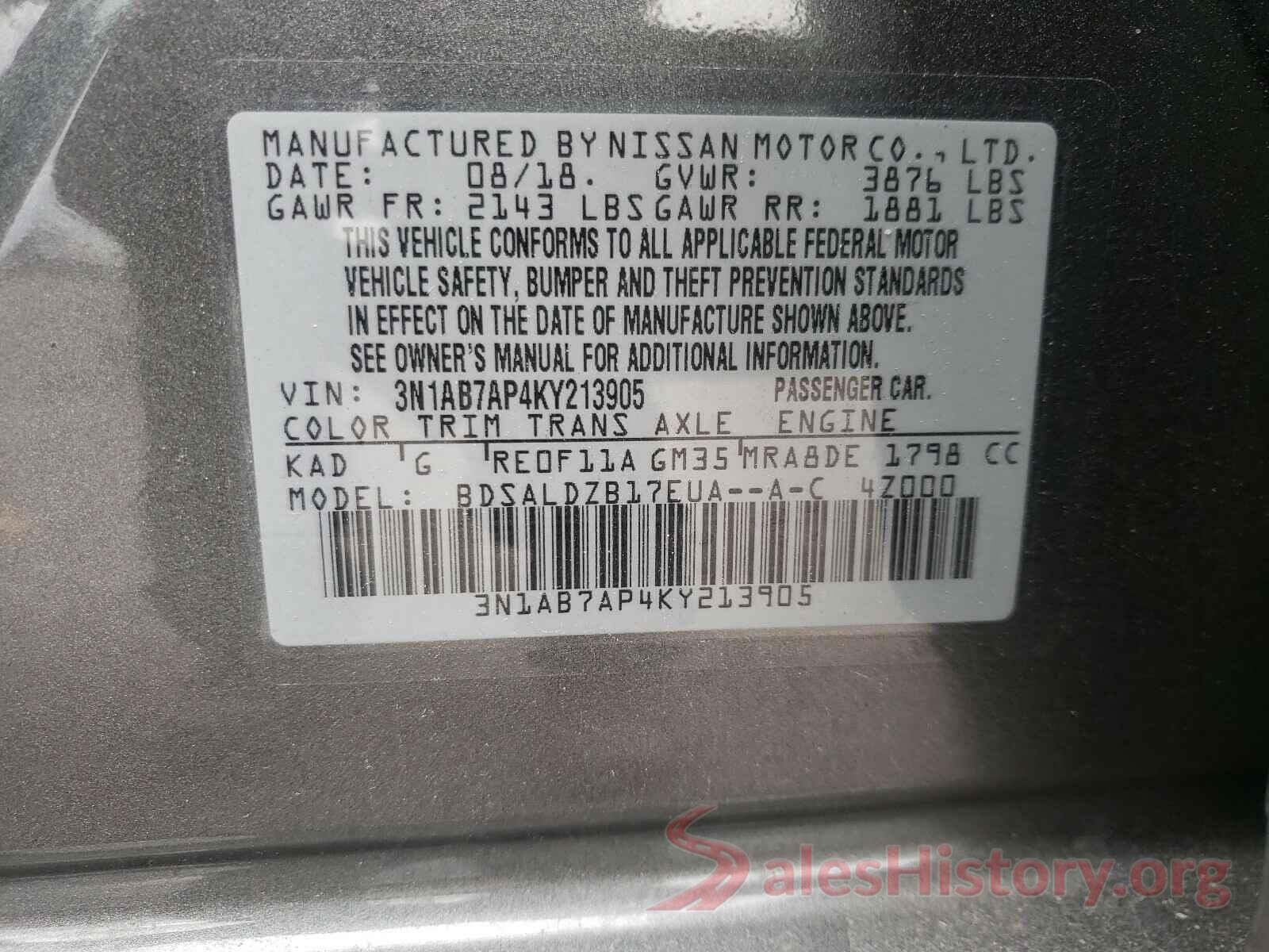 3N1AB7AP4KY213905 2019 NISSAN SENTRA