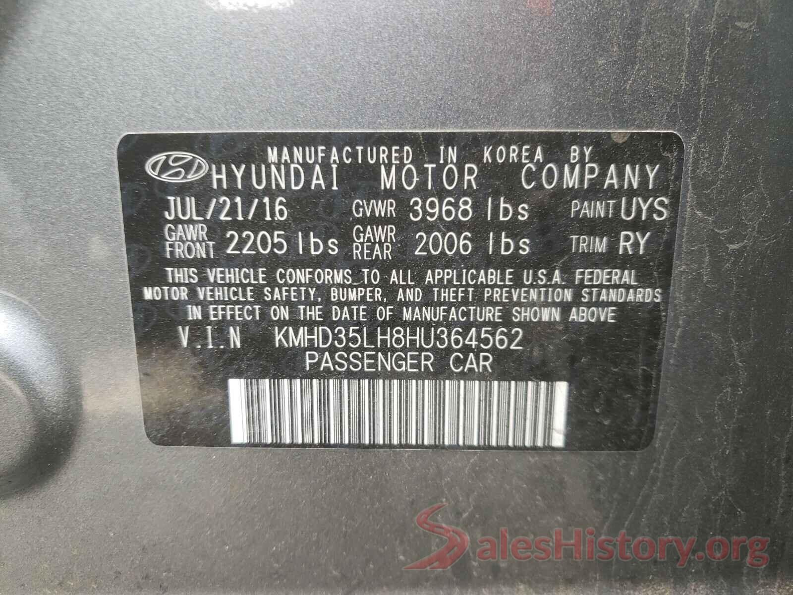 KMHD35LH8HU364562 2017 HYUNDAI ELANTRA