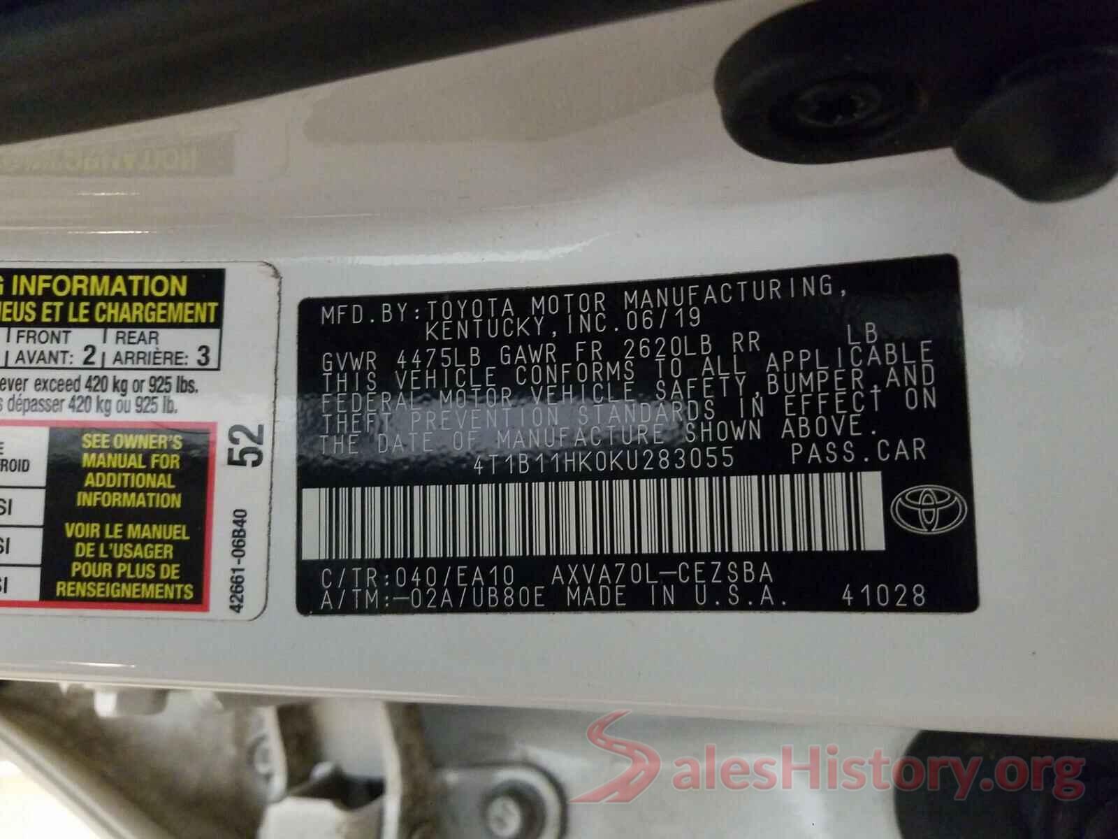 4T1B11HK0KU283055 2019 TOYOTA CAMRY