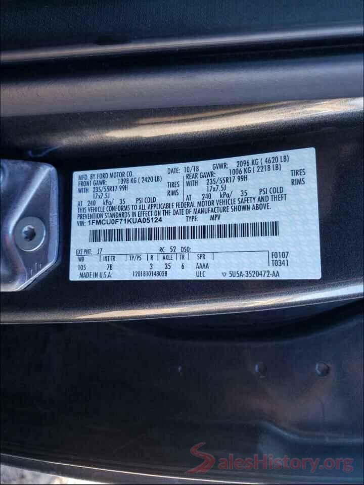 1FMCU0F71KUA05124 2019 FORD ESCAPE