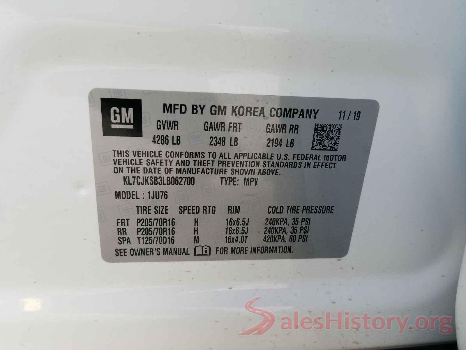 KL7CJKSB3LB062700 2020 CHEVROLET TRAX