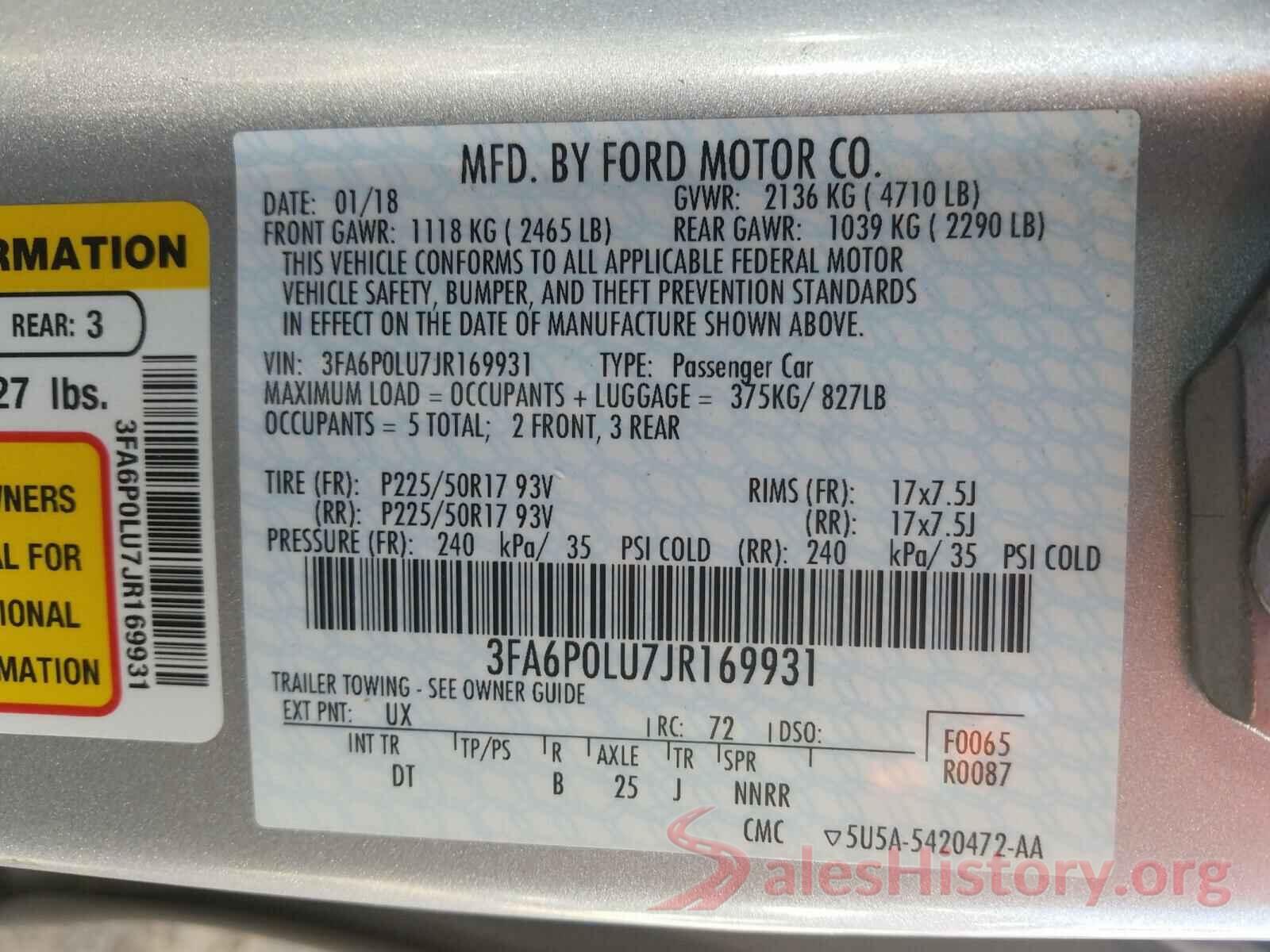 3FA6P0LU7JR169931 2018 FORD FUSION