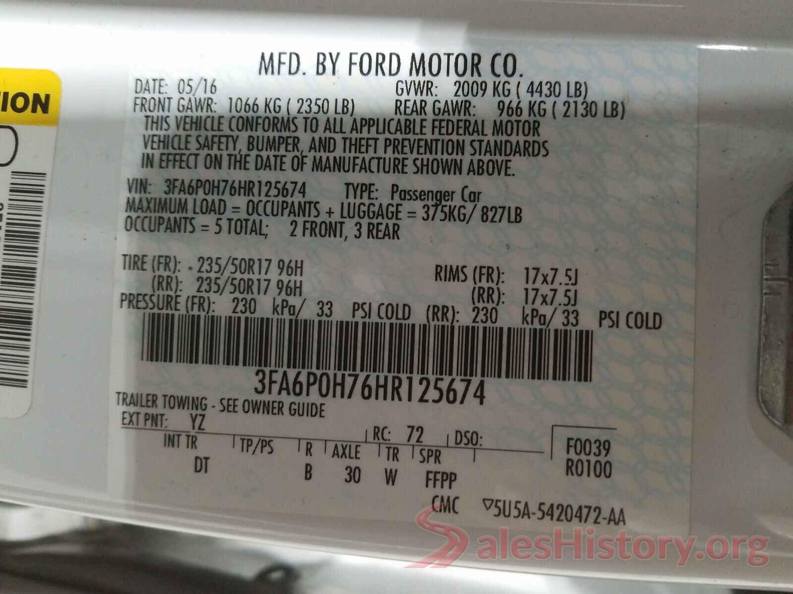 3FA6P0H76HR125674 2017 FORD FUSION