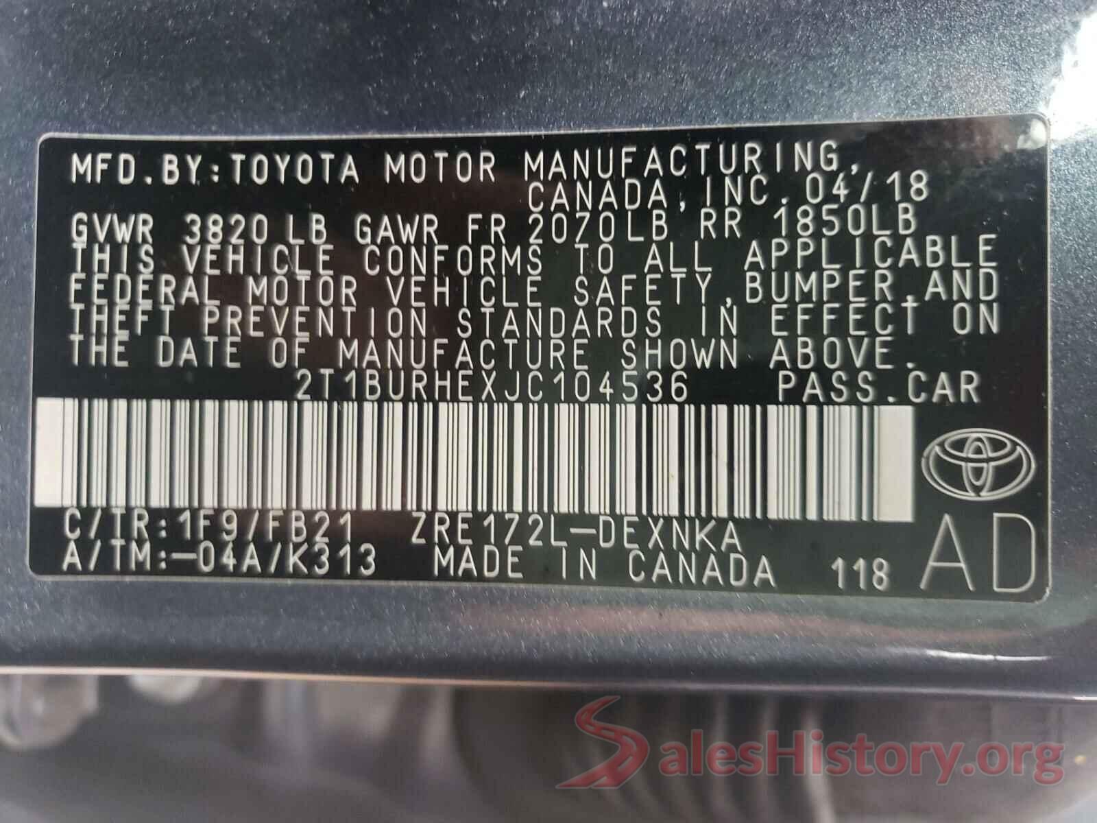 2T1BURHEXJC104536 2018 TOYOTA COROLLA