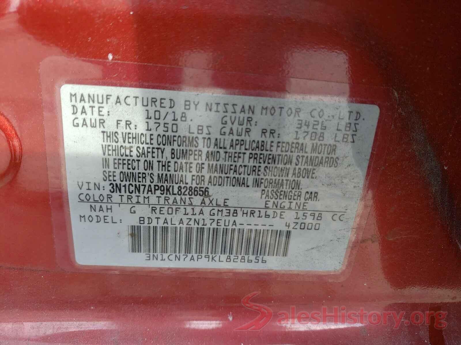 3N1CN7AP9KL828656 2019 NISSAN VERSA