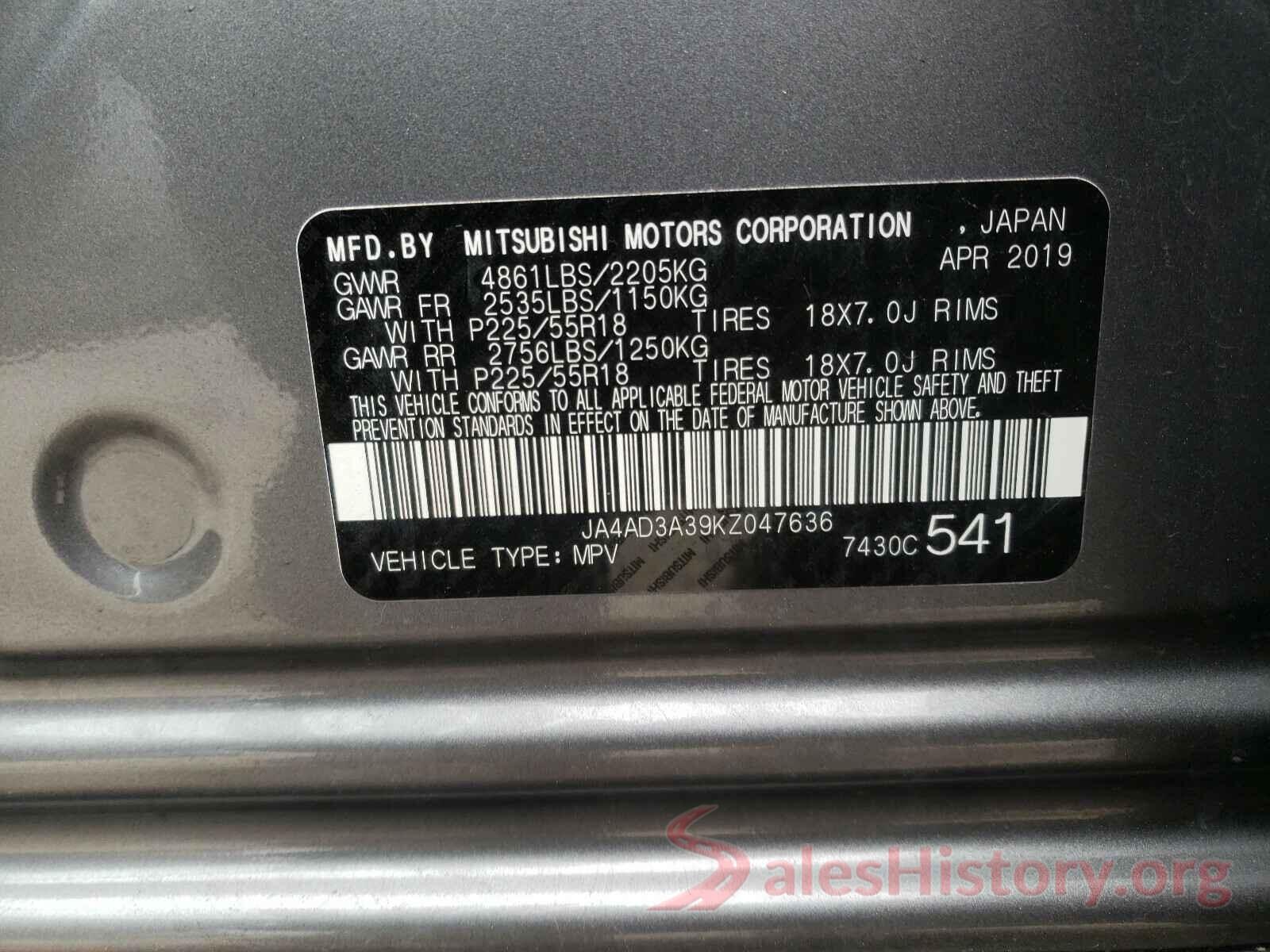 JA4AD3A39KZ047636 2019 MITSUBISHI OUTLANDER