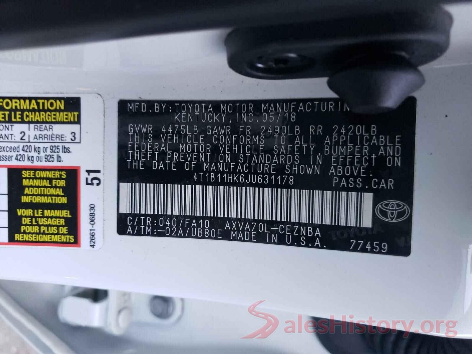 4T1B11HK6JU631178 2018 TOYOTA CAMRY