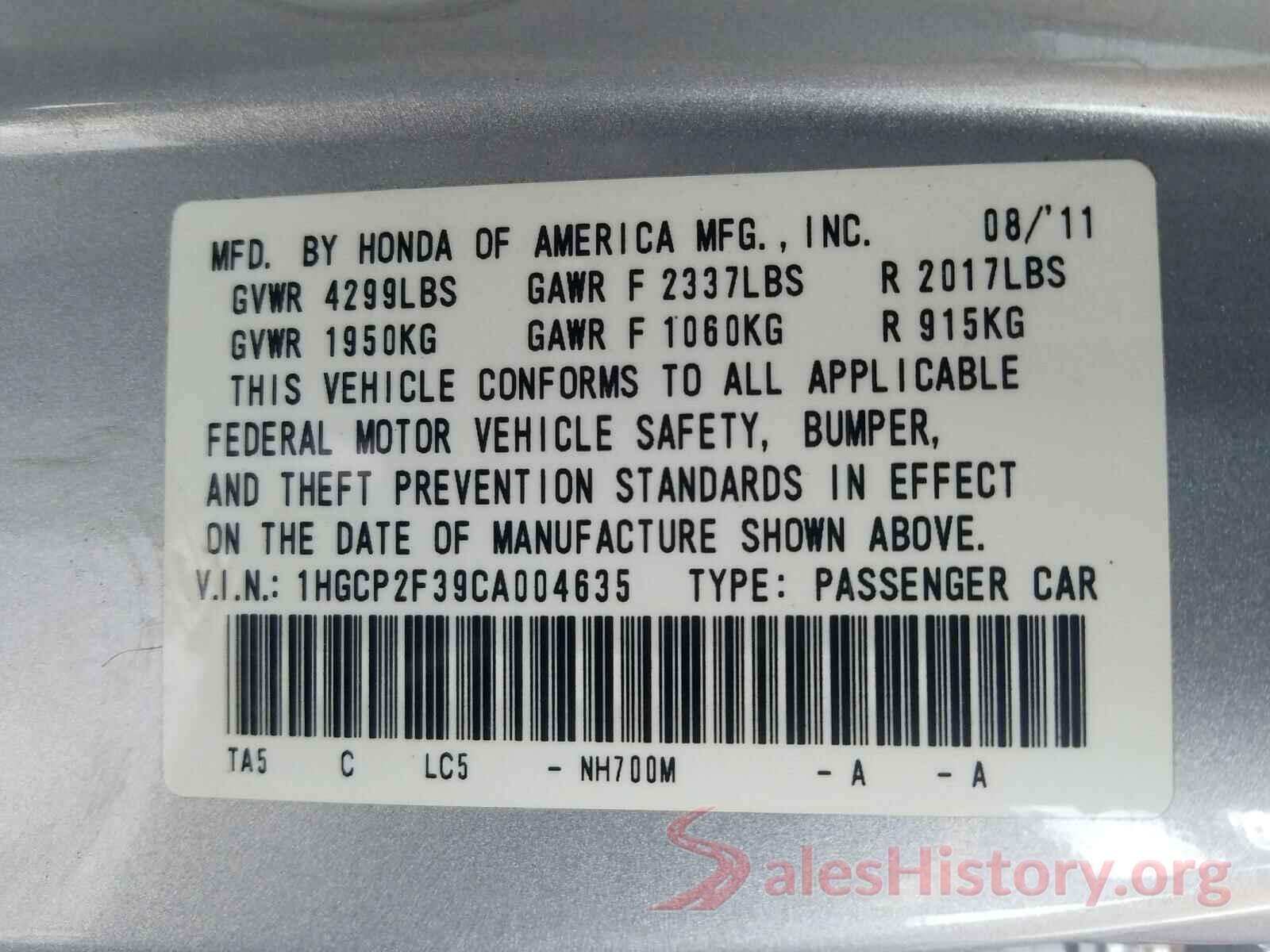 2T3BFREV5HW594172 2012 HONDA ACCORD