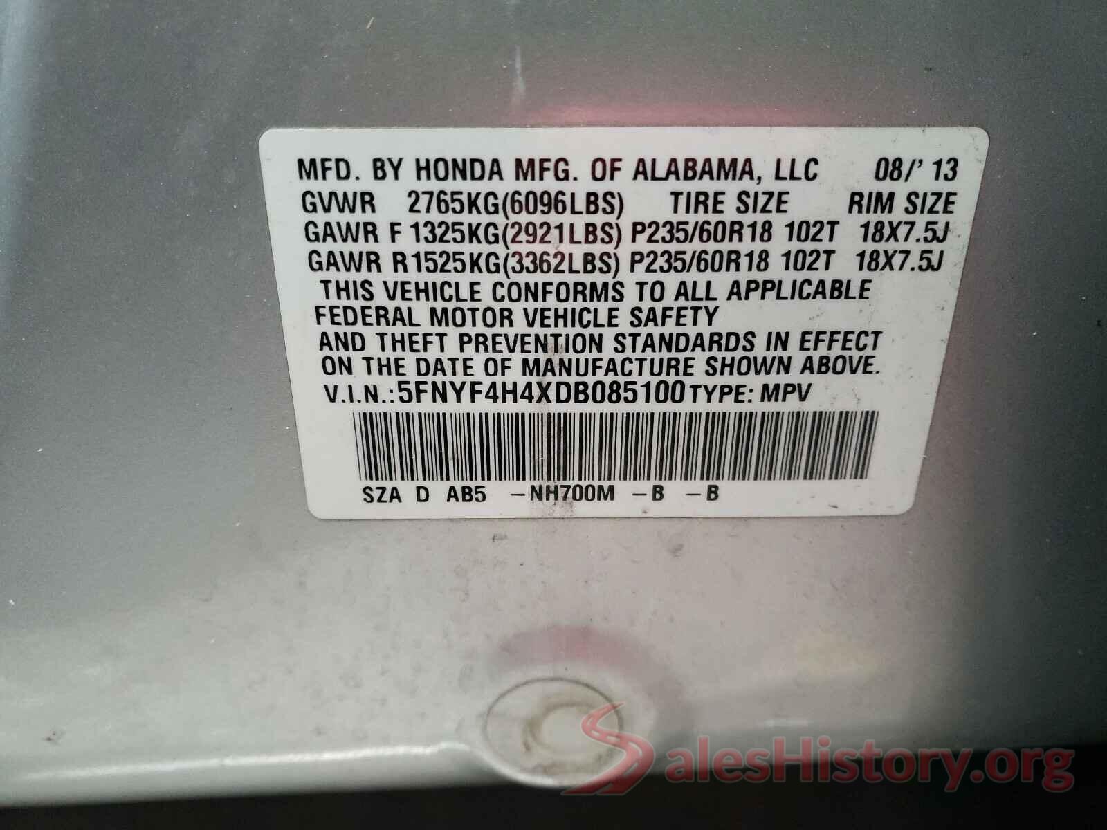 W1N0G8DB9LF766843 2013 HONDA PILOT