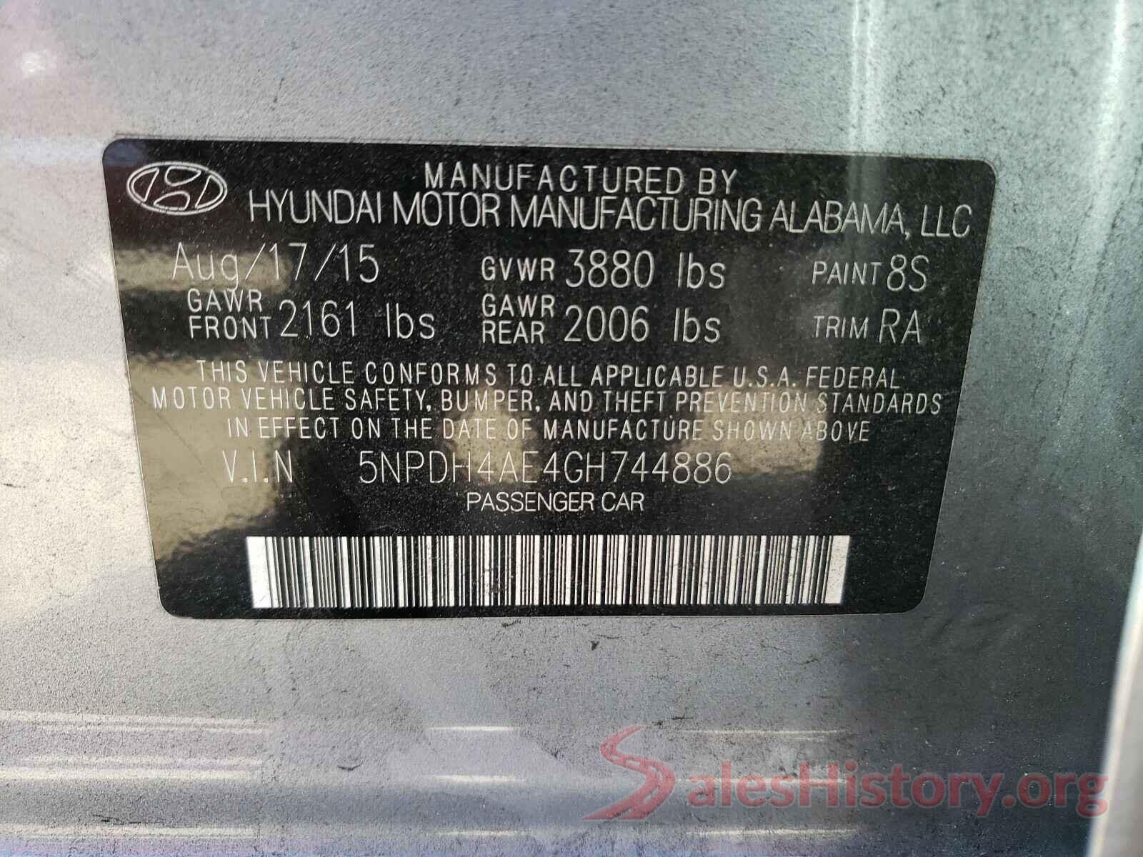 5NPDH4AE4GH744886 2016 HYUNDAI ELANTRA