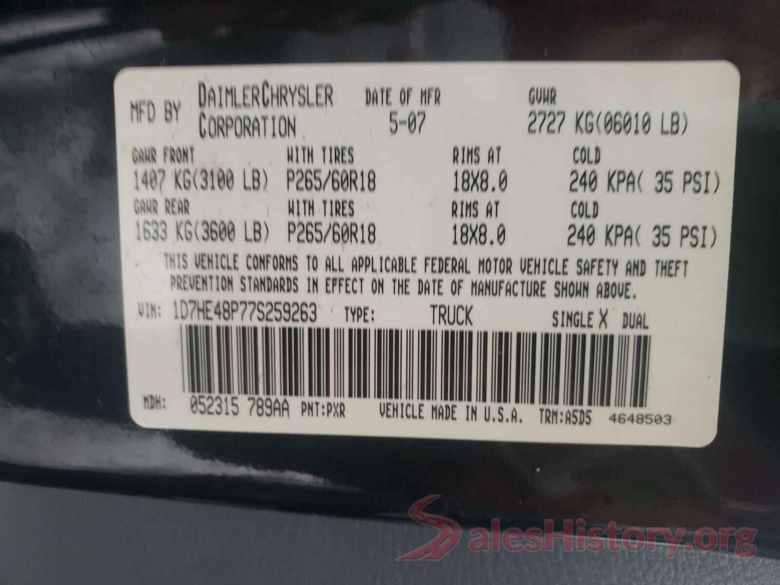 JTMBFREV3HJ168754 2007 DODGE DAKOTA