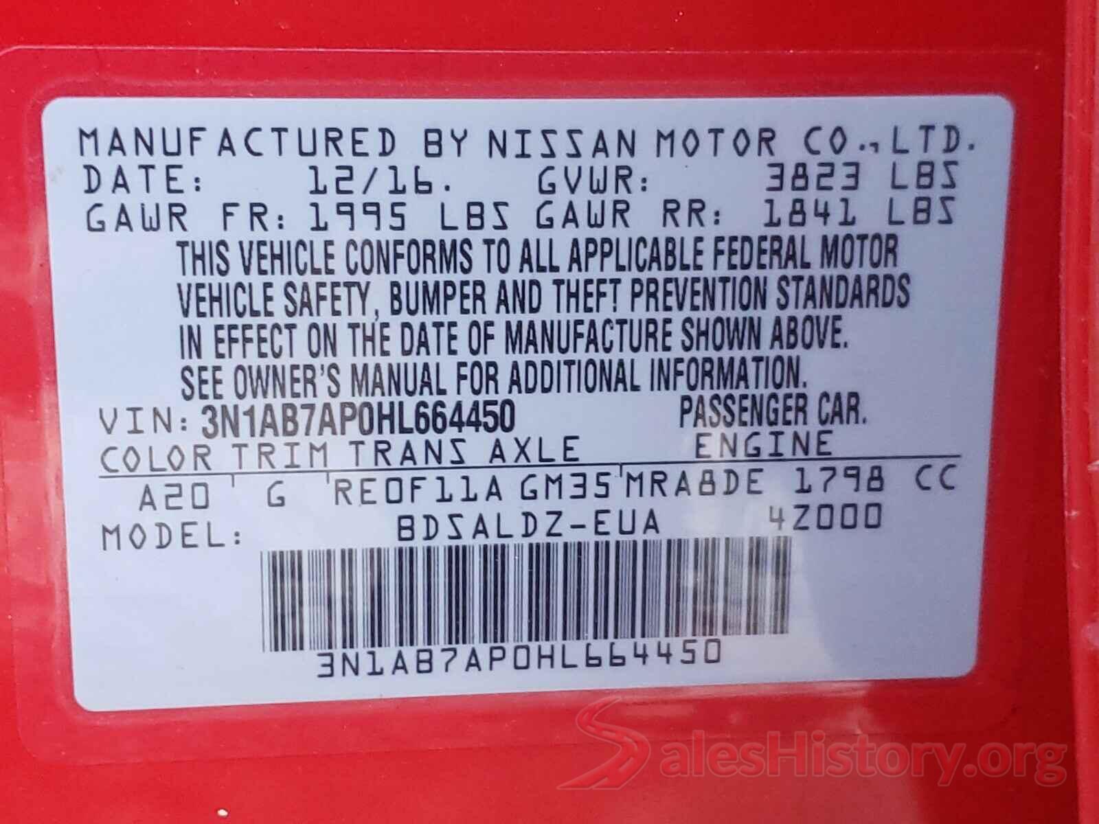 3N1AB7AP0HL664450 2017 NISSAN SENTRA