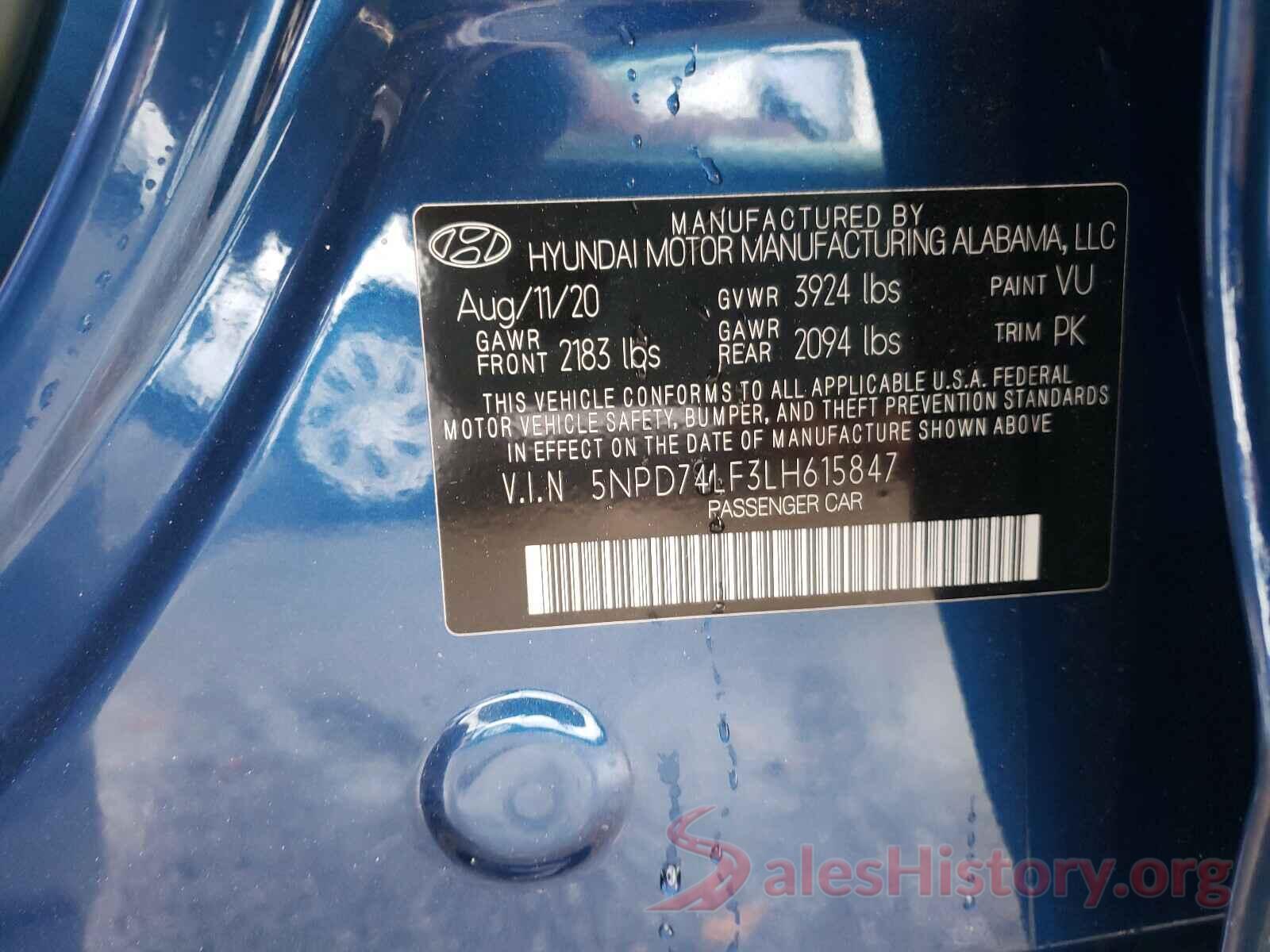 5NPD74LF3LH615847 2020 HYUNDAI ELANTRA