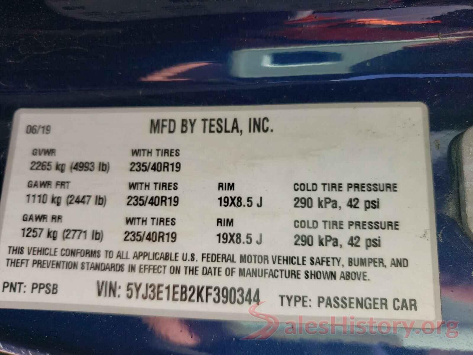 5YJ3E1EB2KF390344 2019 TESLA MODEL 3