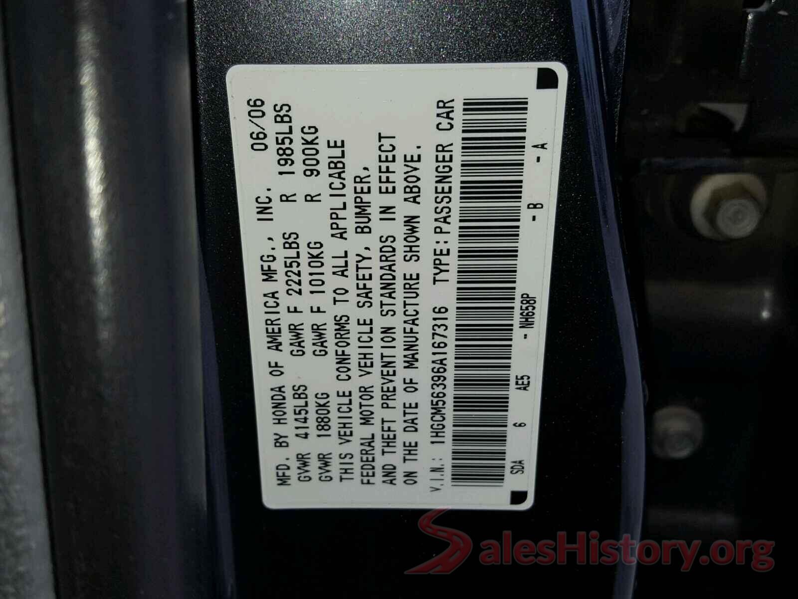 5J6RW2H5XLL030492 2006 HONDA ACCORD