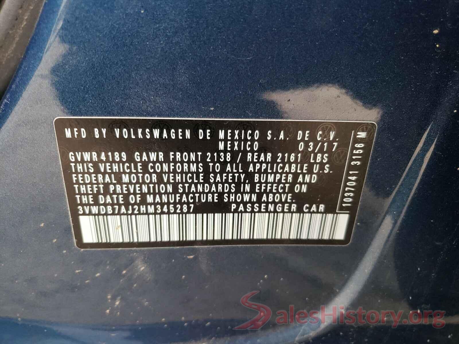 3VWDB7AJ2HM345287 2017 VOLKSWAGEN JETTA