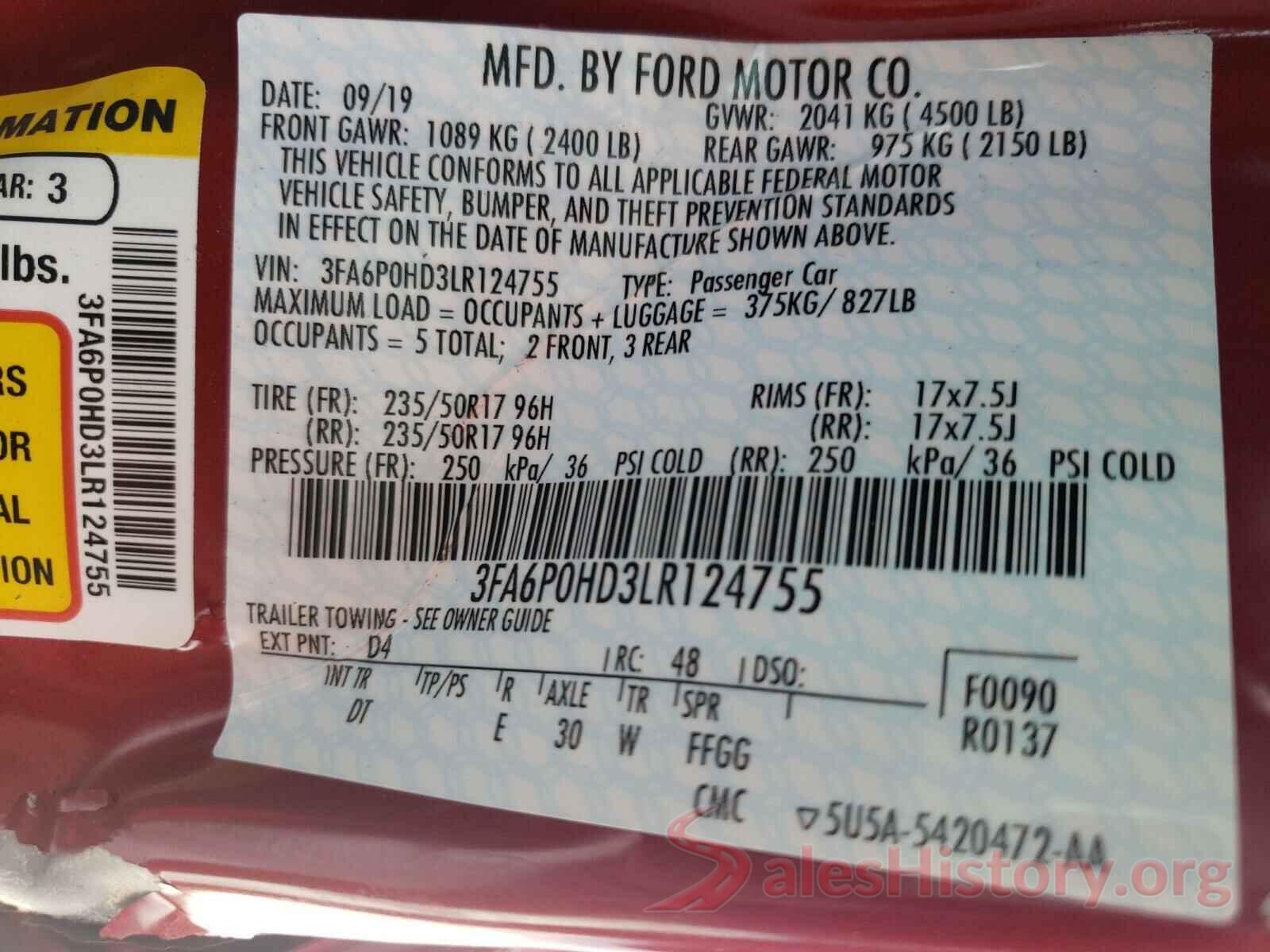 3FA6P0HD3LR124755 2020 FORD FUSION