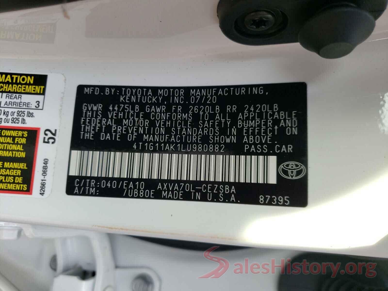 4T1G11AK1LU980882 2020 TOYOTA CAMRY