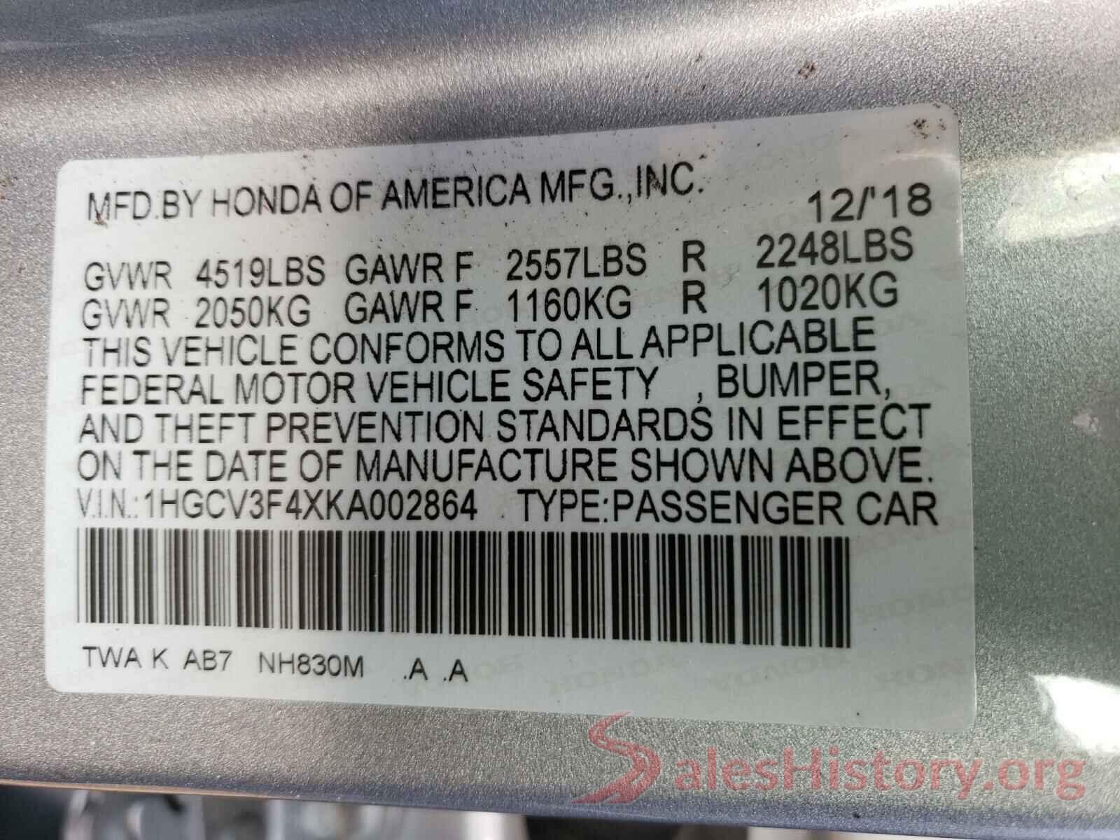 1HGCV3F4XKA002864 2019 HONDA ACCORD