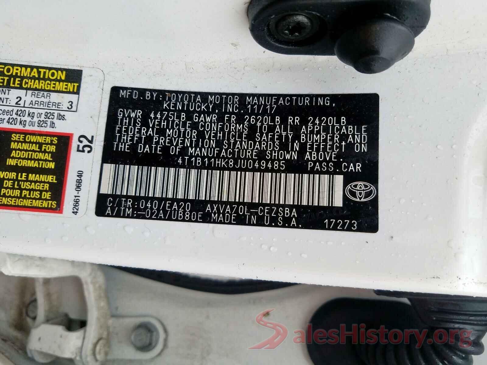 4T1B11HK8JU049485 2018 TOYOTA CAMRY