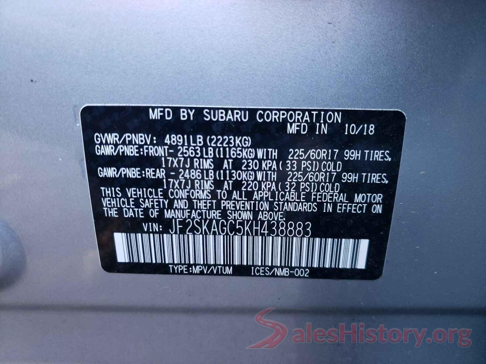 JF2SKAGC5KH438883 2019 SUBARU FORESTER