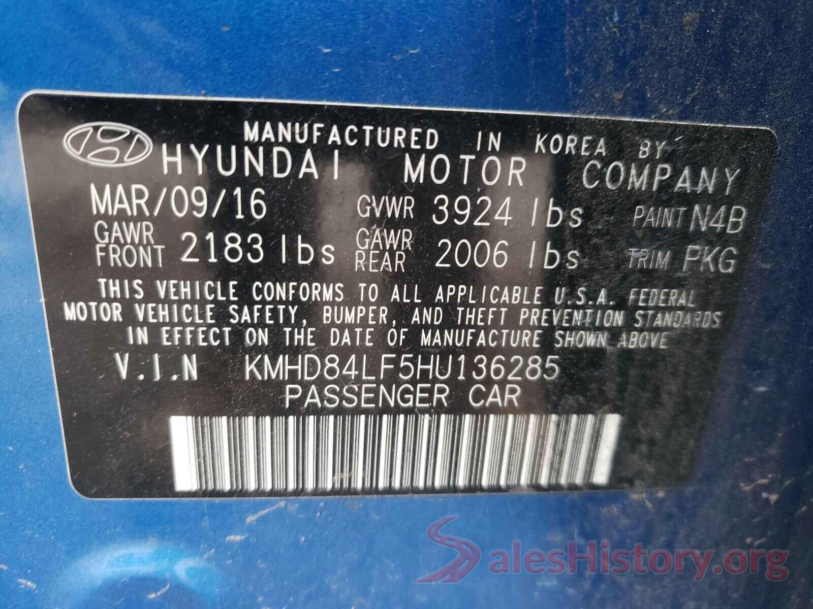 KMHD84LF5HU136285 2017 HYUNDAI ELANTRA