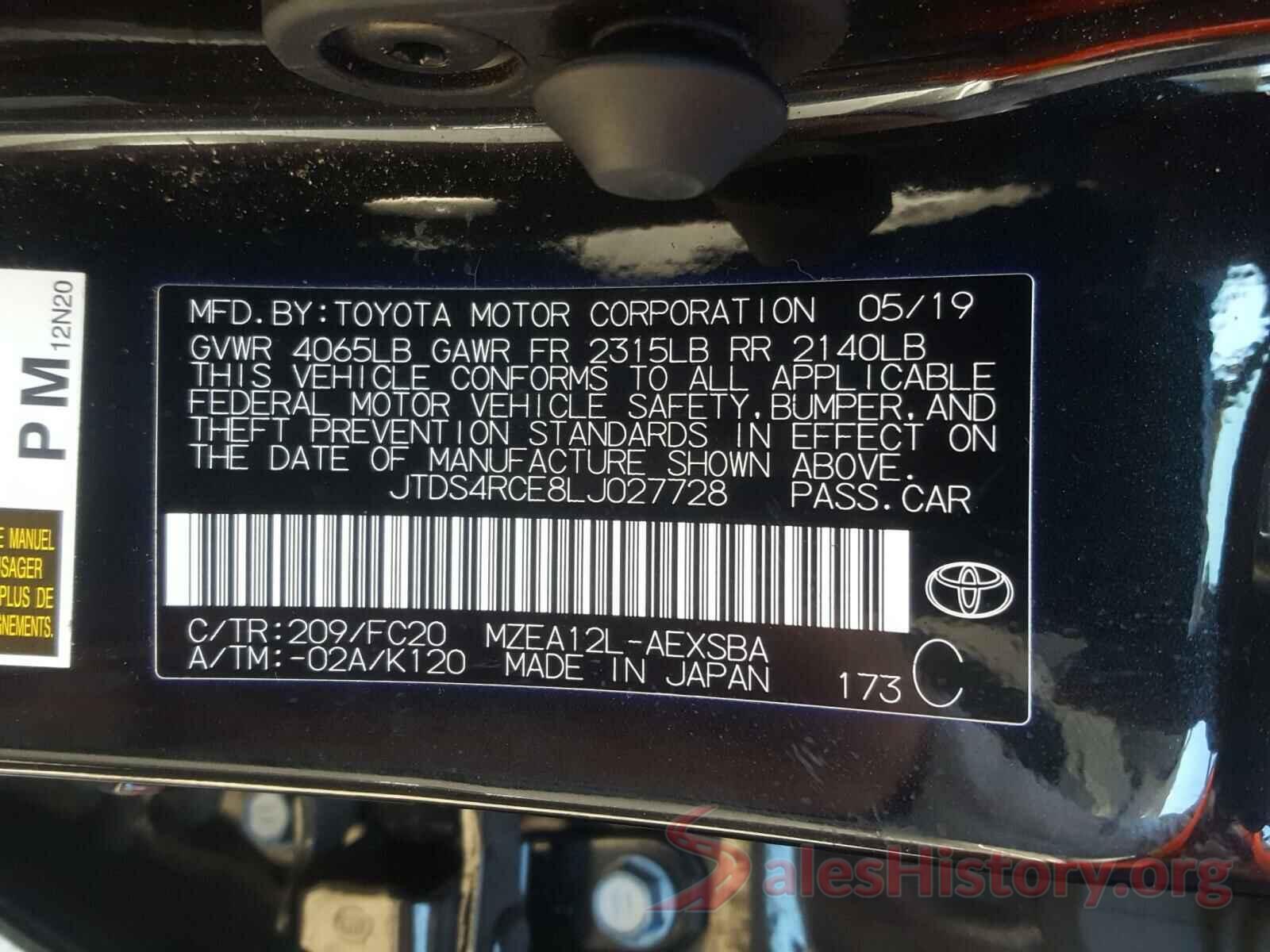 JTDS4RCE8LJ027728 2020 TOYOTA COROLLA