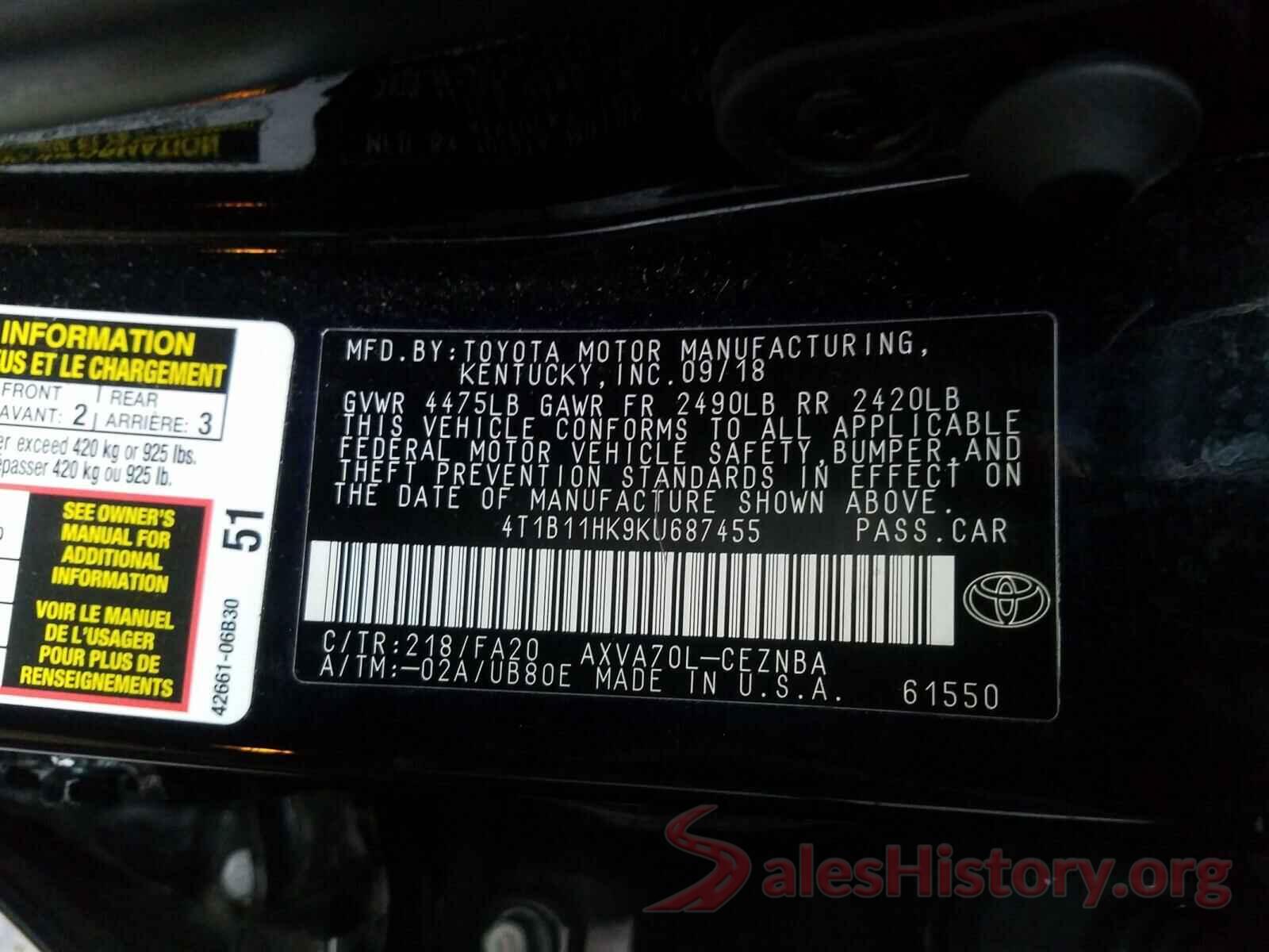 4T1B11HK9KU687455 2019 TOYOTA CAMRY