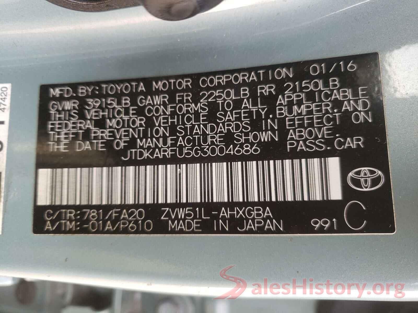 JTDKARFU5G3004686 2016 TOYOTA PRIUS