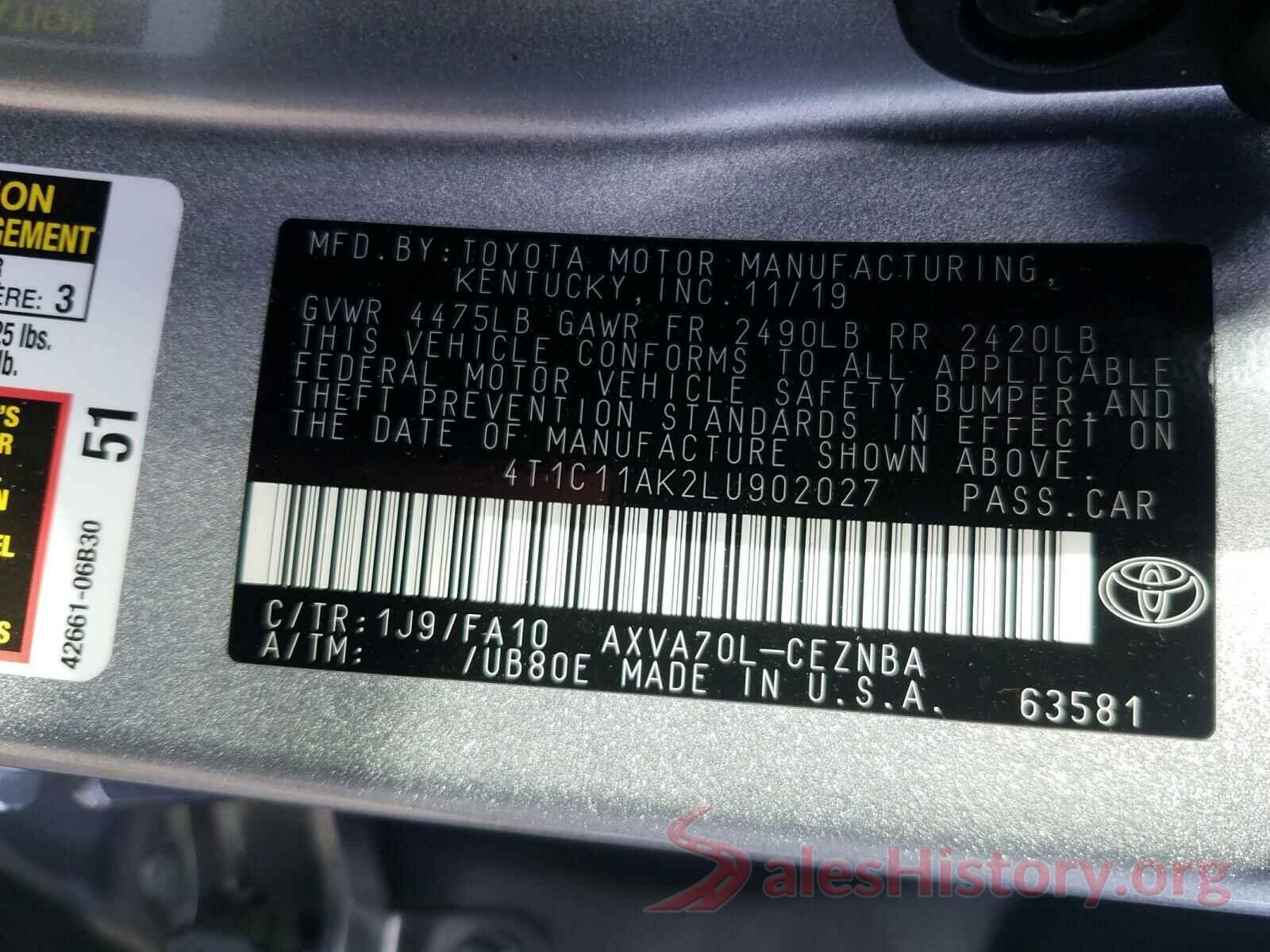 4T1C11AK2LU902027 2020 TOYOTA CAMRY