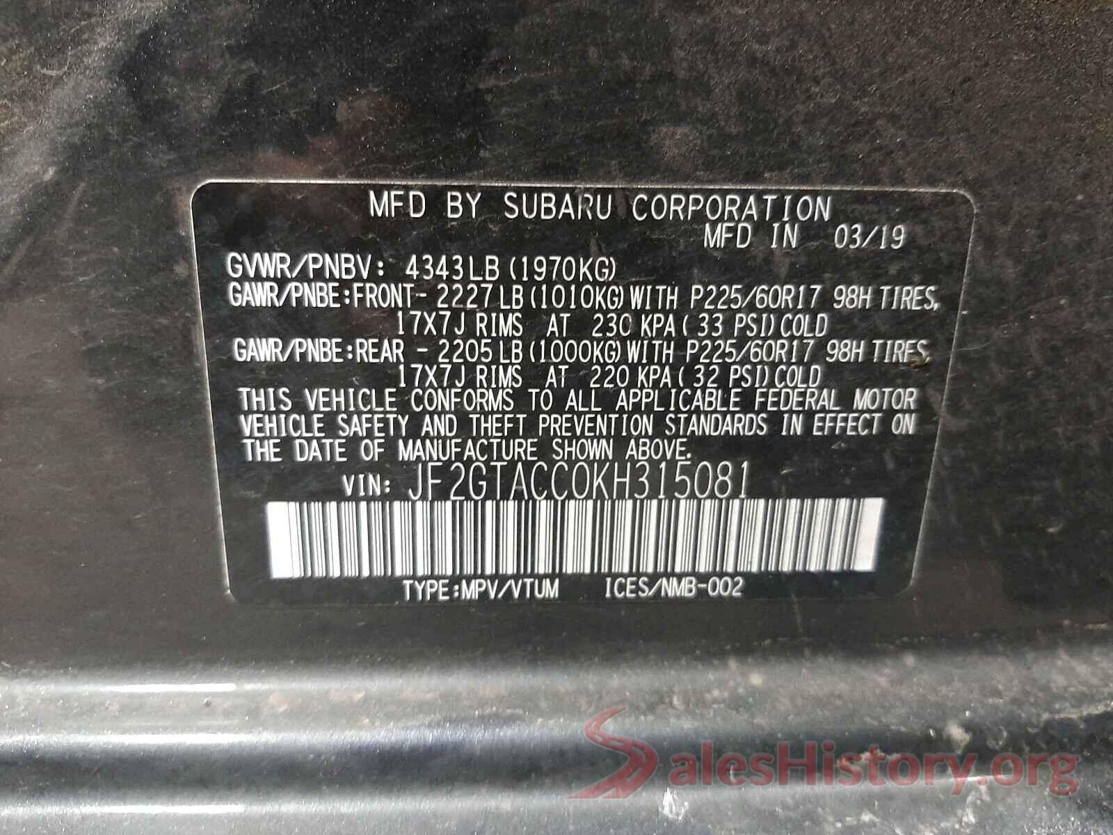 JF2GTACC0KH315081 2019 SUBARU CROSSTREK