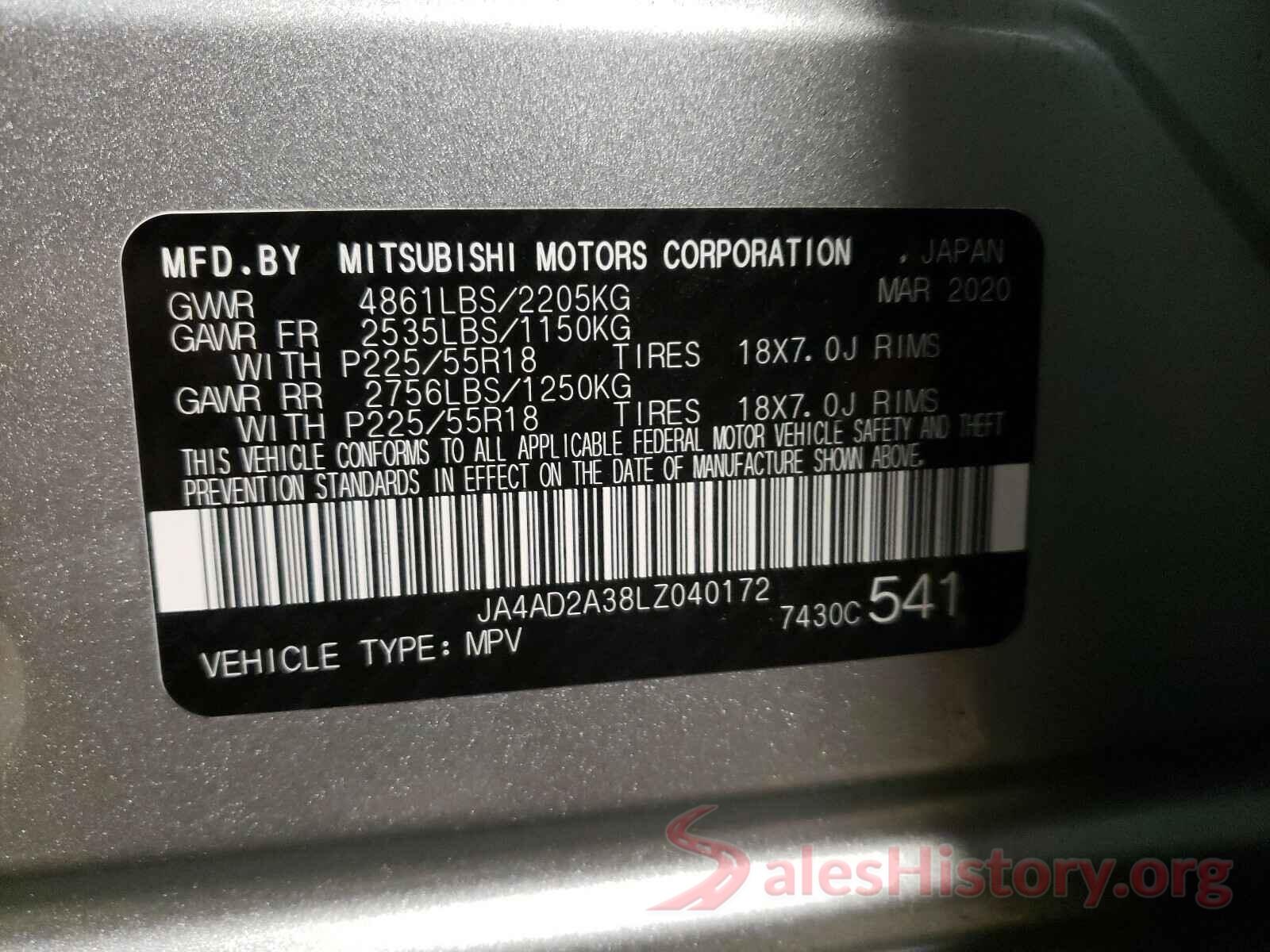 JA4AD2A38LZ040172 2020 MITSUBISHI OUTLANDER