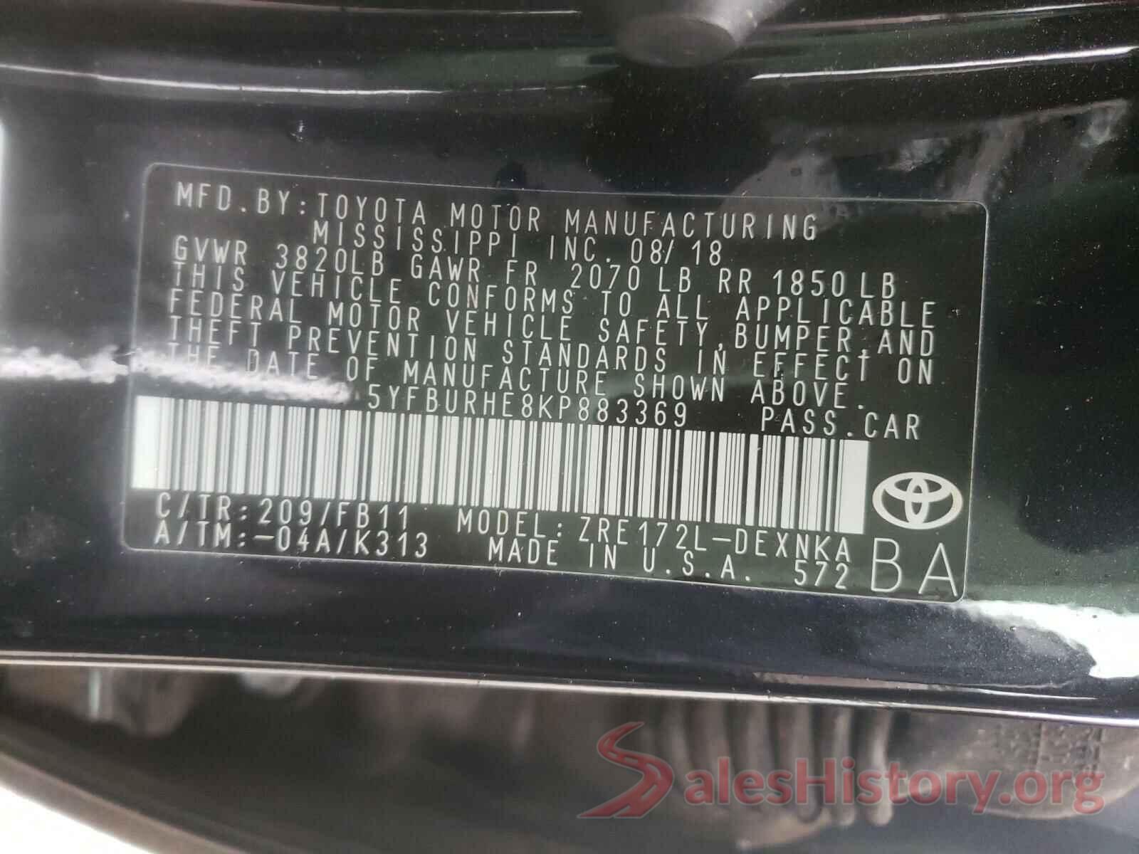 5YFBURHE8KP883369 2019 TOYOTA COROLLA