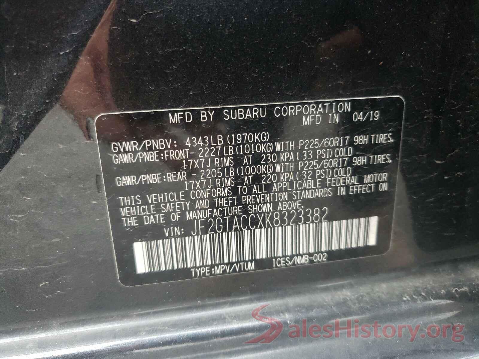 JF2GTACCXK8323382 2019 SUBARU CROSSTREK