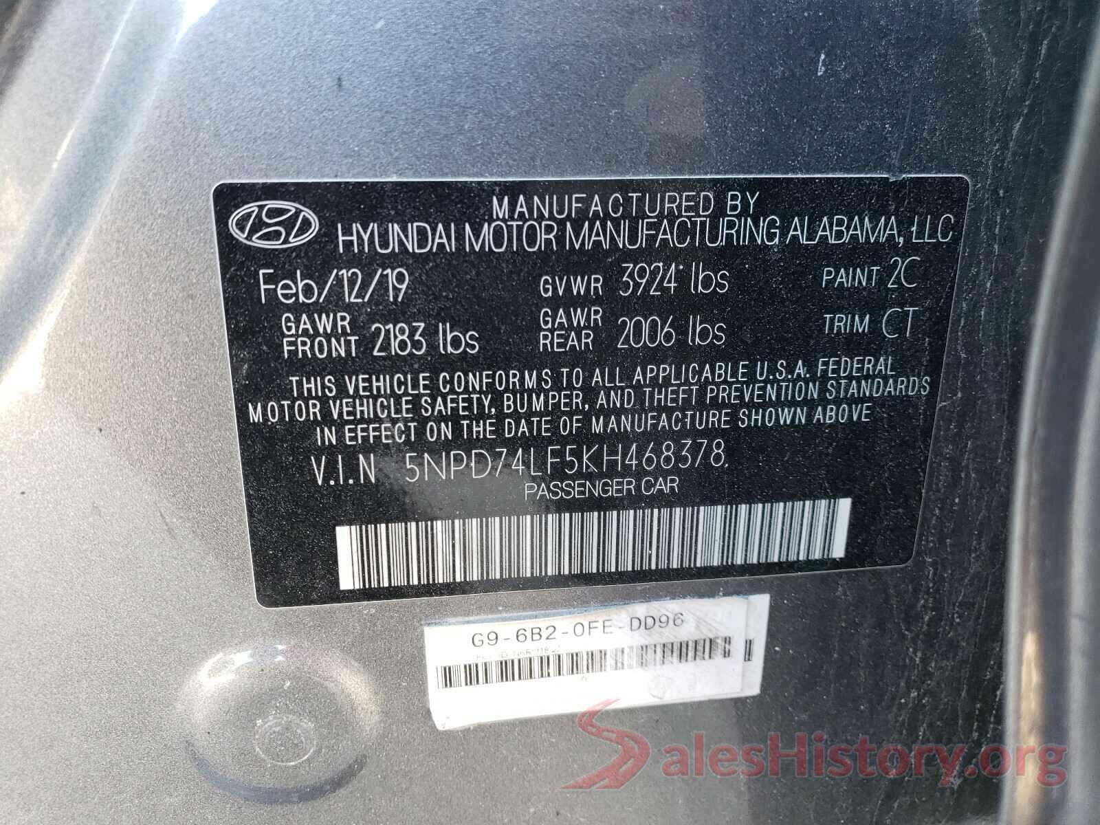 5NPD74LF5KH468378 2019 HYUNDAI ELANTRA