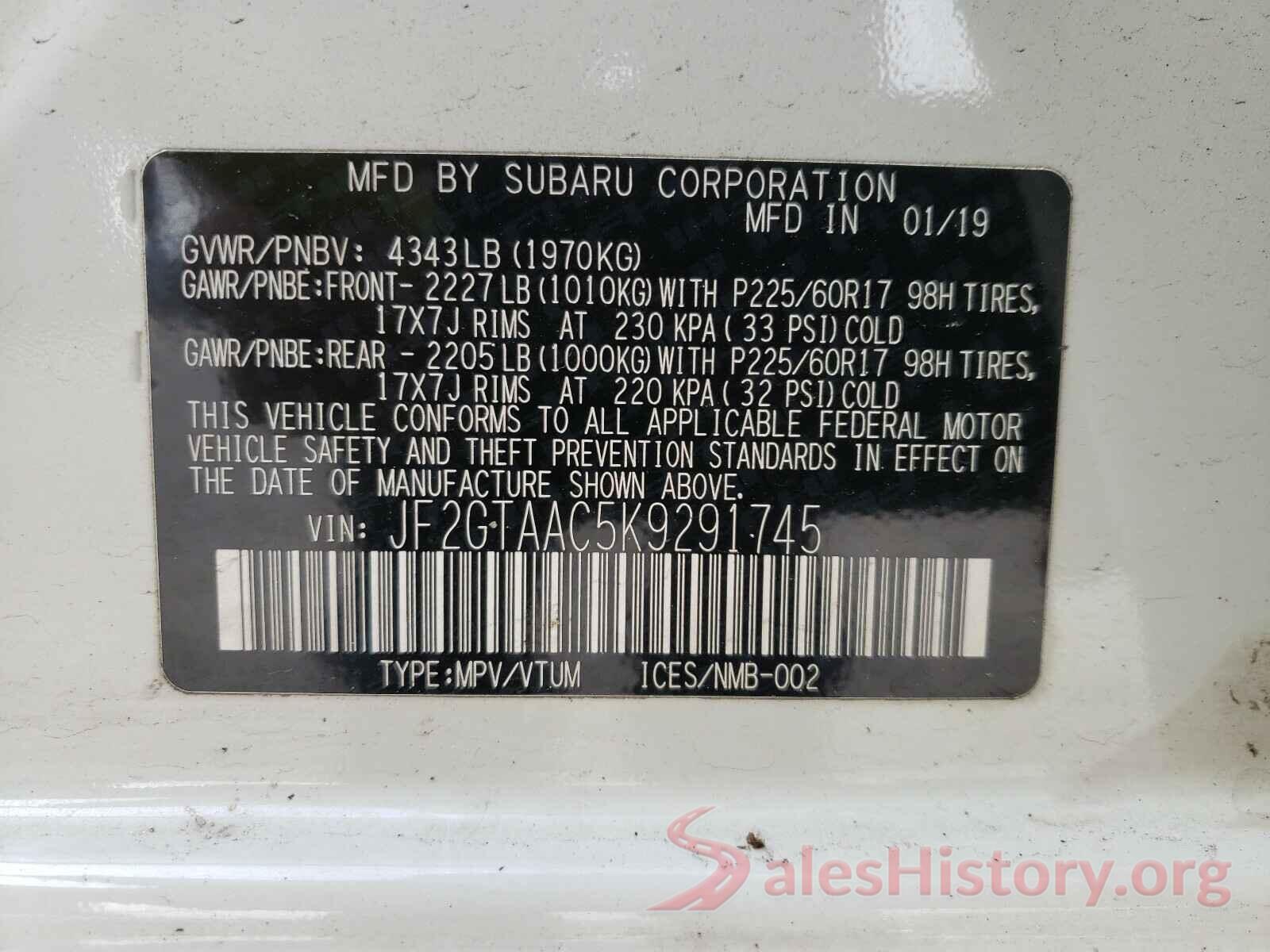 JF2GTAAC5K9291745 2019 SUBARU CROSSTREK