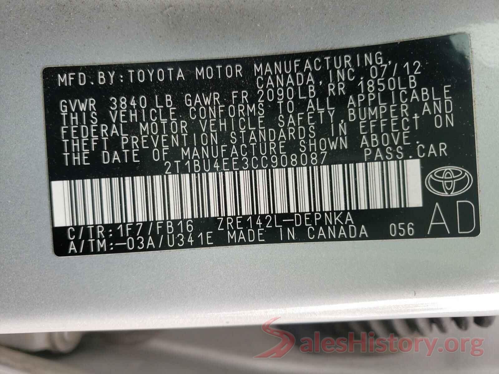 5TDYK3DC7GS718364 2012 TOYOTA COROLLA