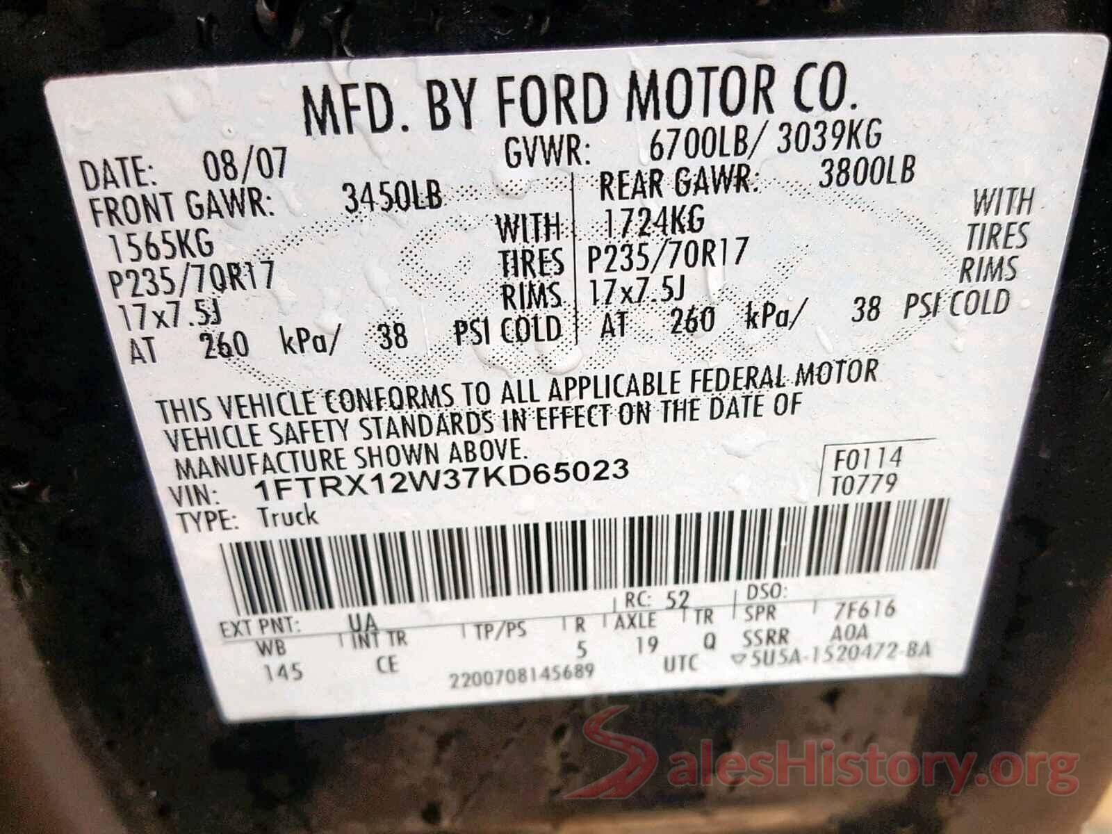 2HGFC2F77GH523802 2007 FORD F150