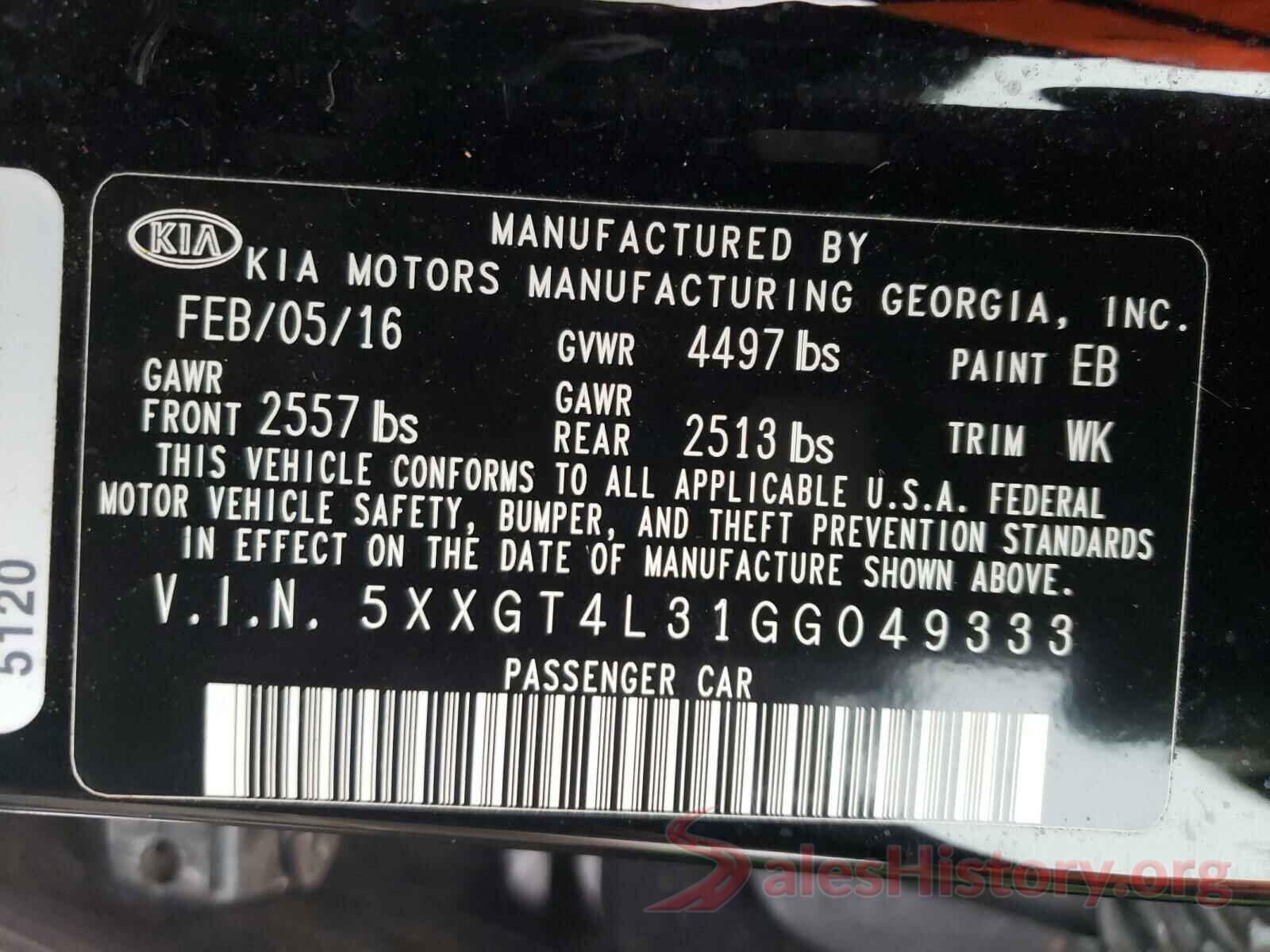 5XXGT4L31GG049333 2016 KIA OPTIMA