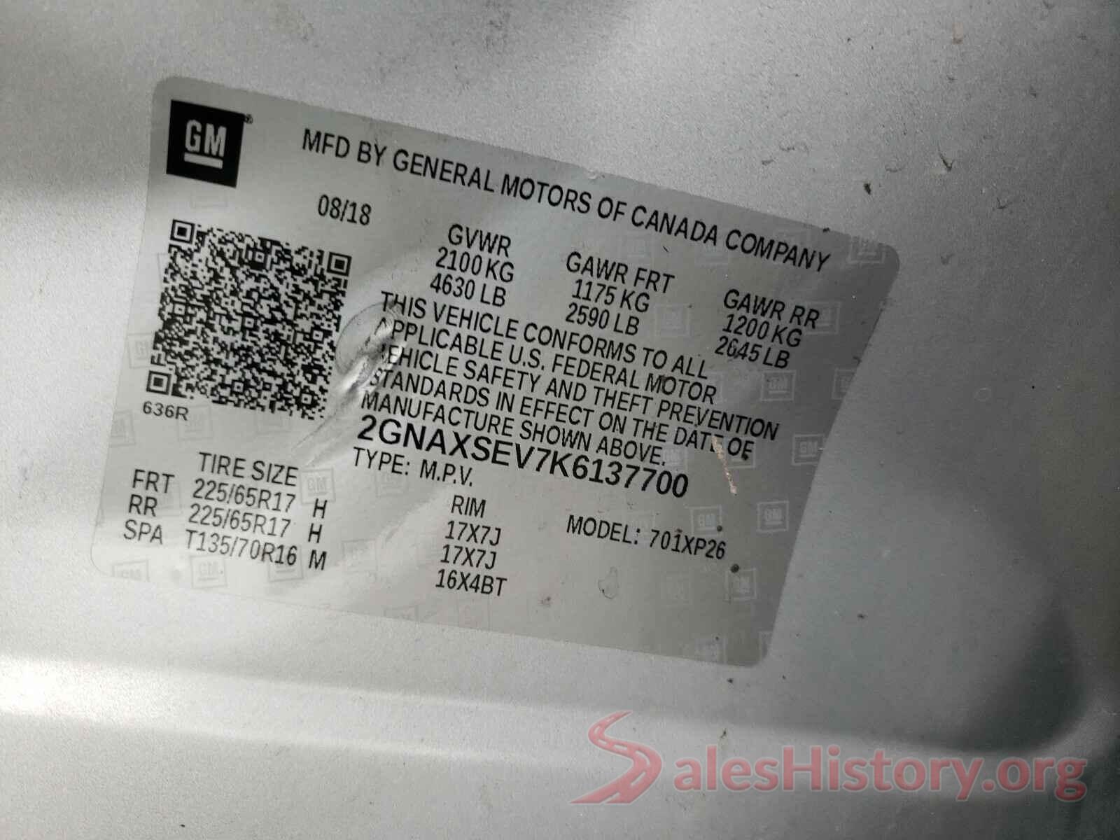 2GNAXSEV7K6137700 2019 CHEVROLET EQUINOX