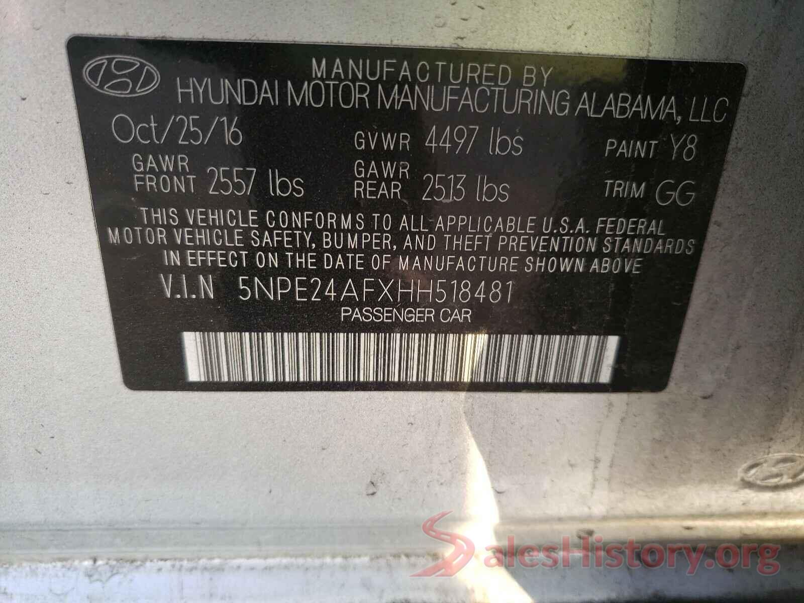 5NPE24AFXHH518481 2017 HYUNDAI SONATA