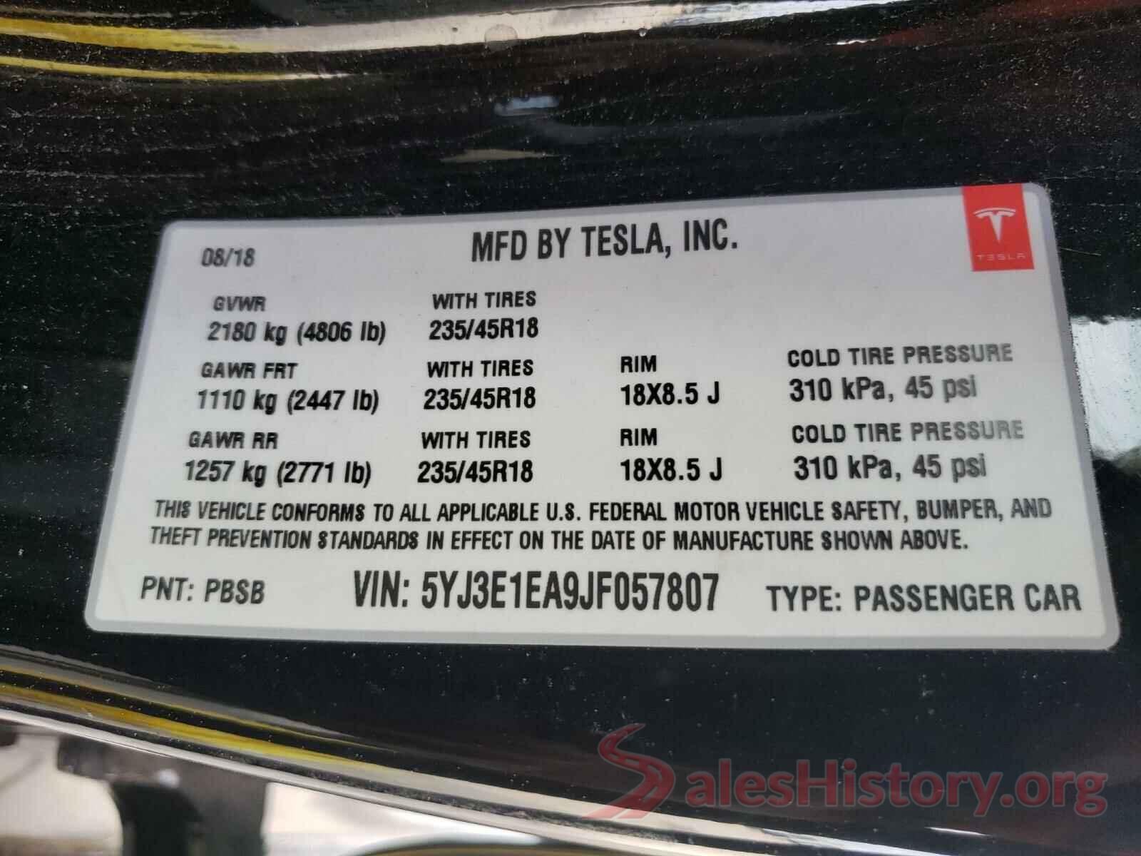 5YJ3E1EA9JF057807 2018 TESLA MODEL 3