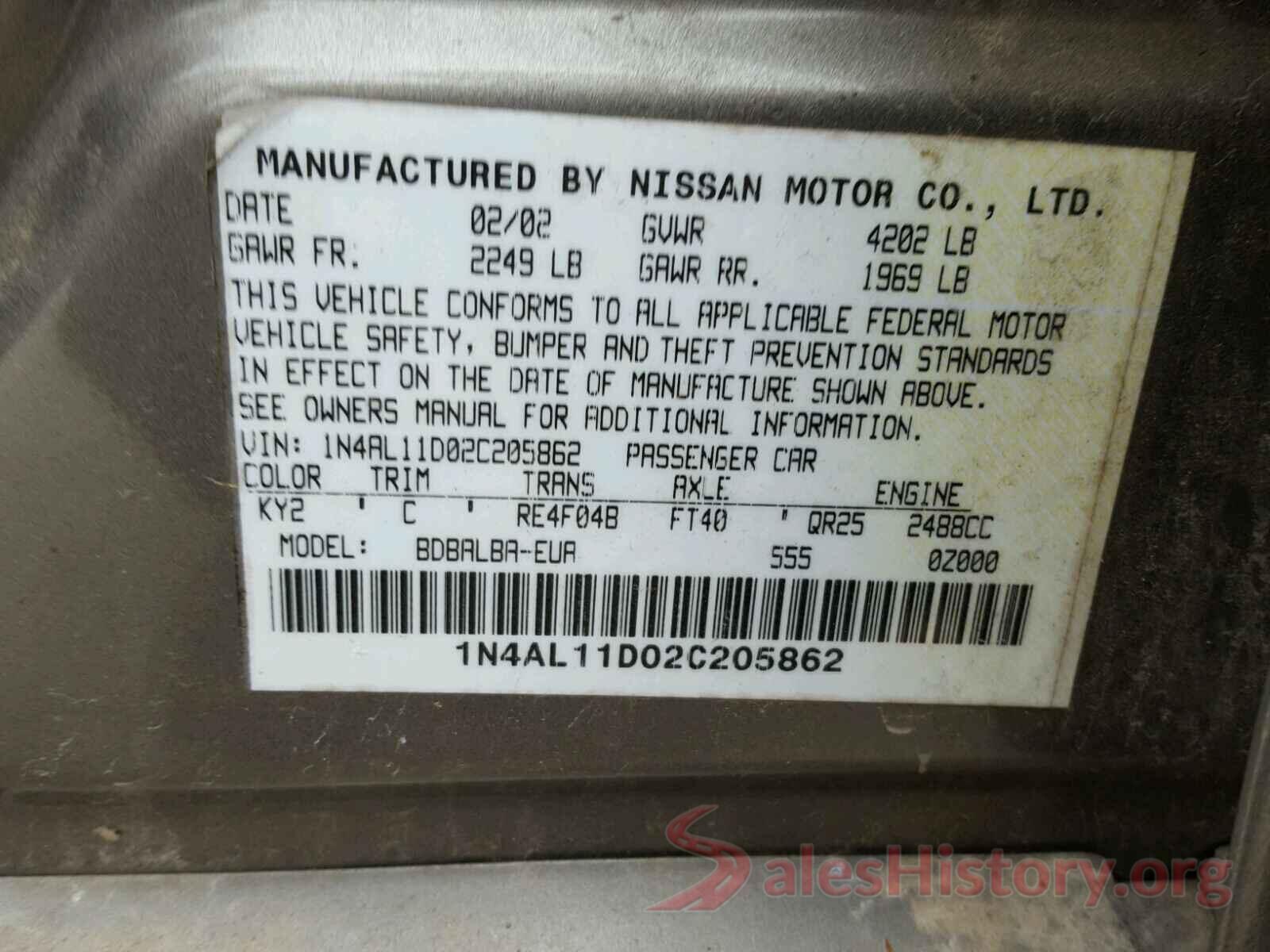 3VV2B7AX8KM035152 2002 NISSAN ALTIMA BAS