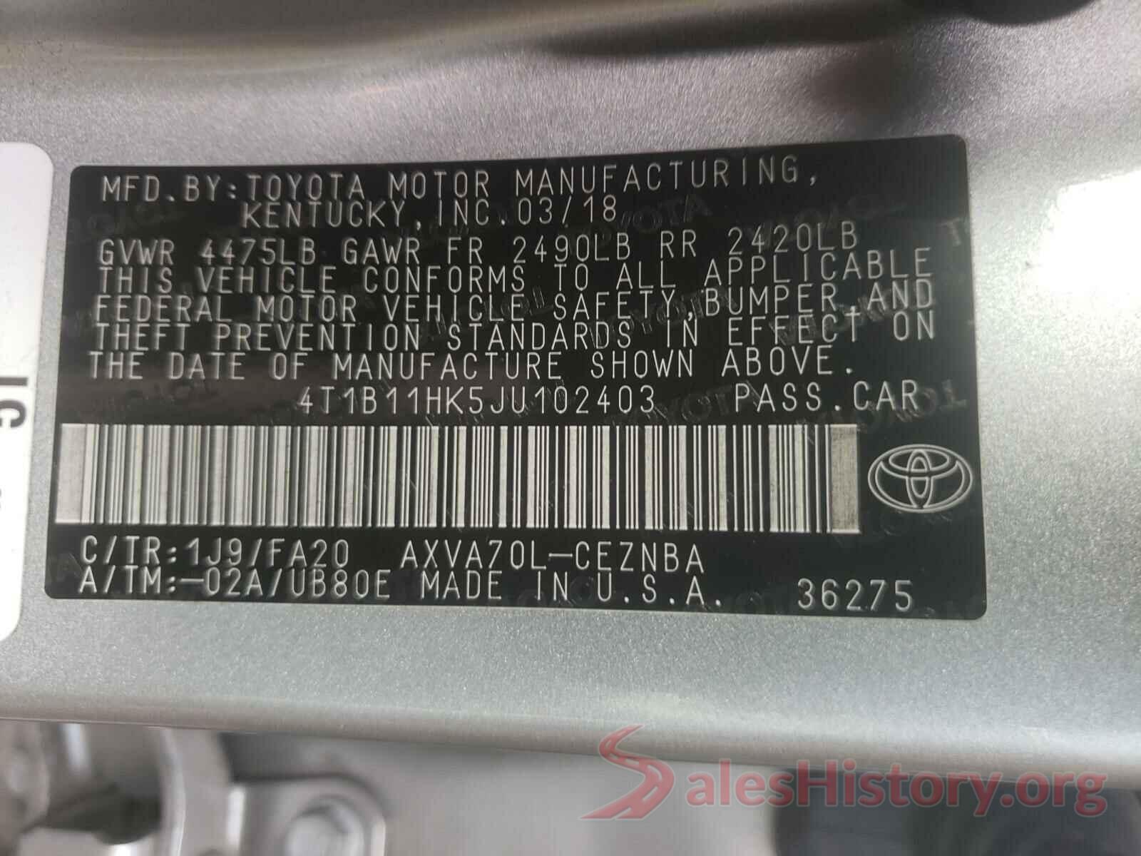 4T1B11HK5JU102403 2018 TOYOTA CAMRY