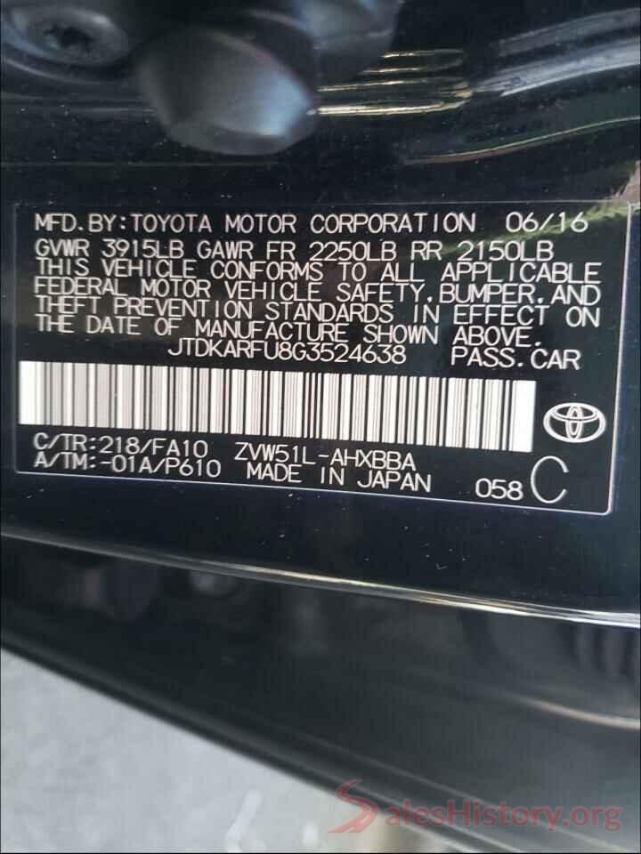 JTDKARFU8G3524638 2016 TOYOTA PRIUS