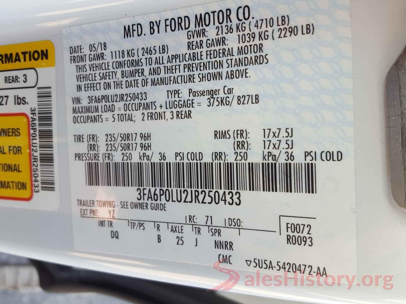 3FA6P0LU2JR250433 2018 FORD FUSION