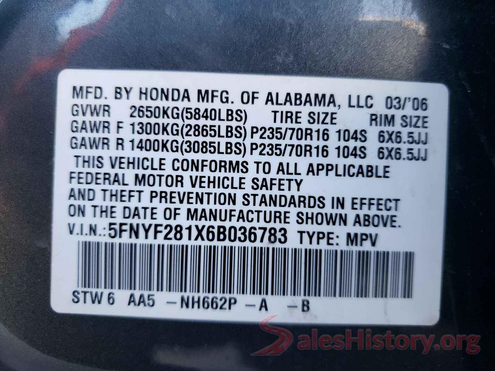 5N1AT2MV8LC705026 2006 HONDA PILOT