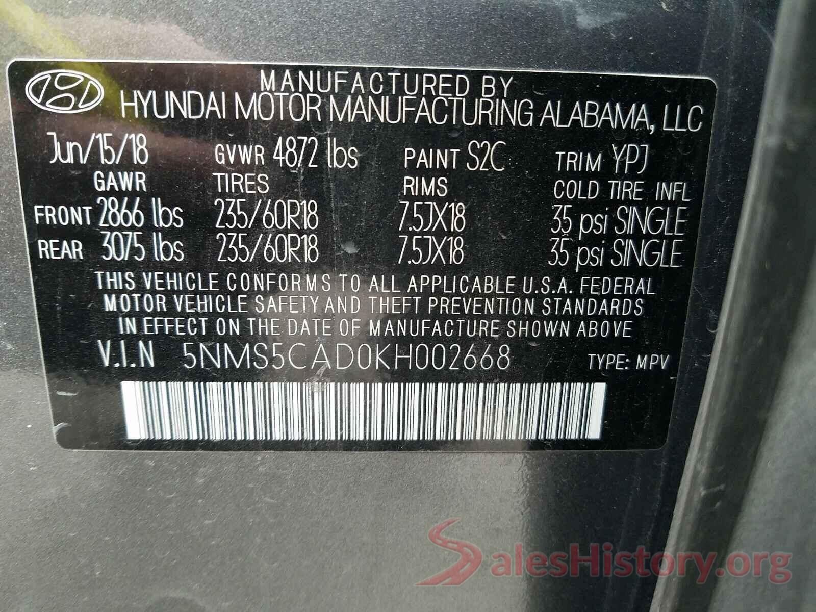 5NMS5CAD0KH002668 2019 HYUNDAI SANTA FE